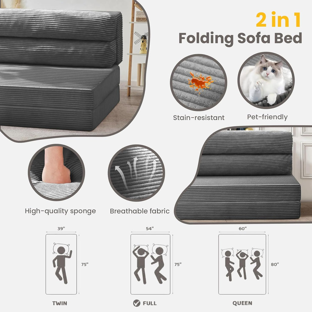 JUIKURY Folding Sofa Bed, Convertible Sleeper Chair with Pilow Foldable Matress, 2 in 1 Pull Out Loveseat Sofa Portable Fold Out Chair Bed Floor Couch Lounge for Living Room Bedroom (Grey, Full)