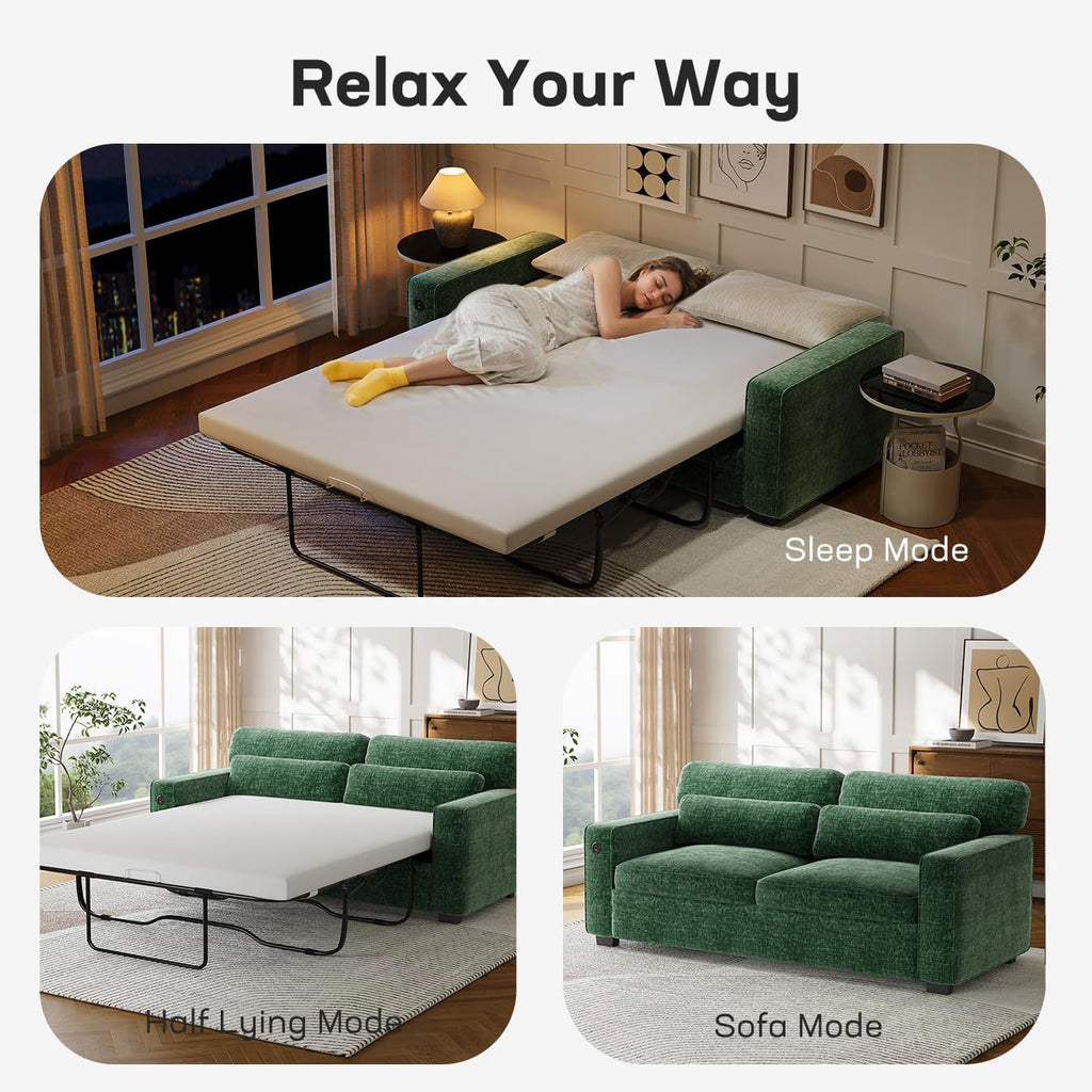 Marsail Pull Out Sofa Bed, Full Size Sleeper Sofa with Memory Foam Mattress, 2 USB Charging Ports & Removable Covers, Chenille Loveseat Couch for Living Room, Apartment, Green
