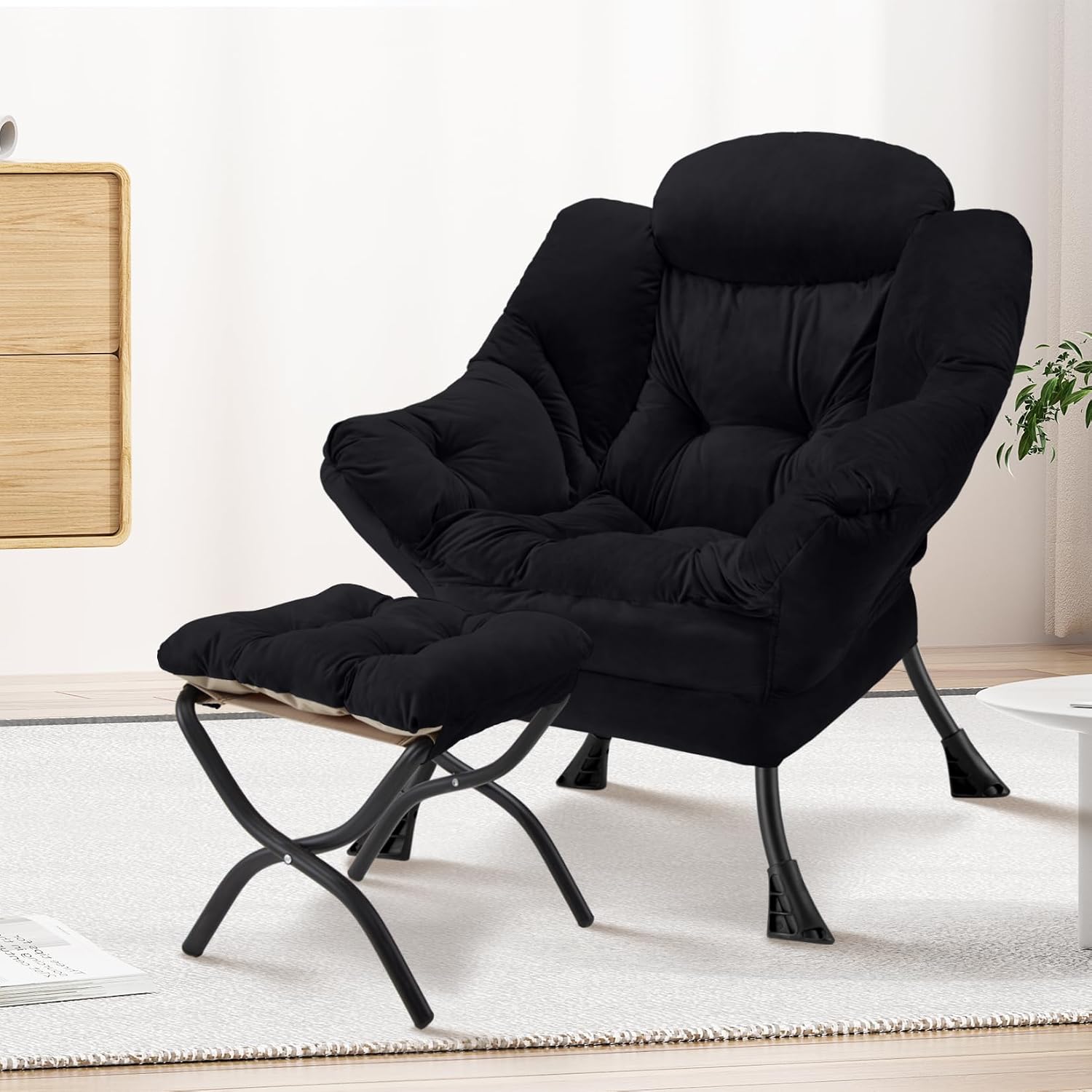 Lazy Chair with Folding Ottoman Modern Large Accent Chair,Contemporary Lounge Leisure Sofa Chair with Armrests Upholstered Sofa Armchair Reading Chair for Bedroom,Dorm & Office(Black-f)
