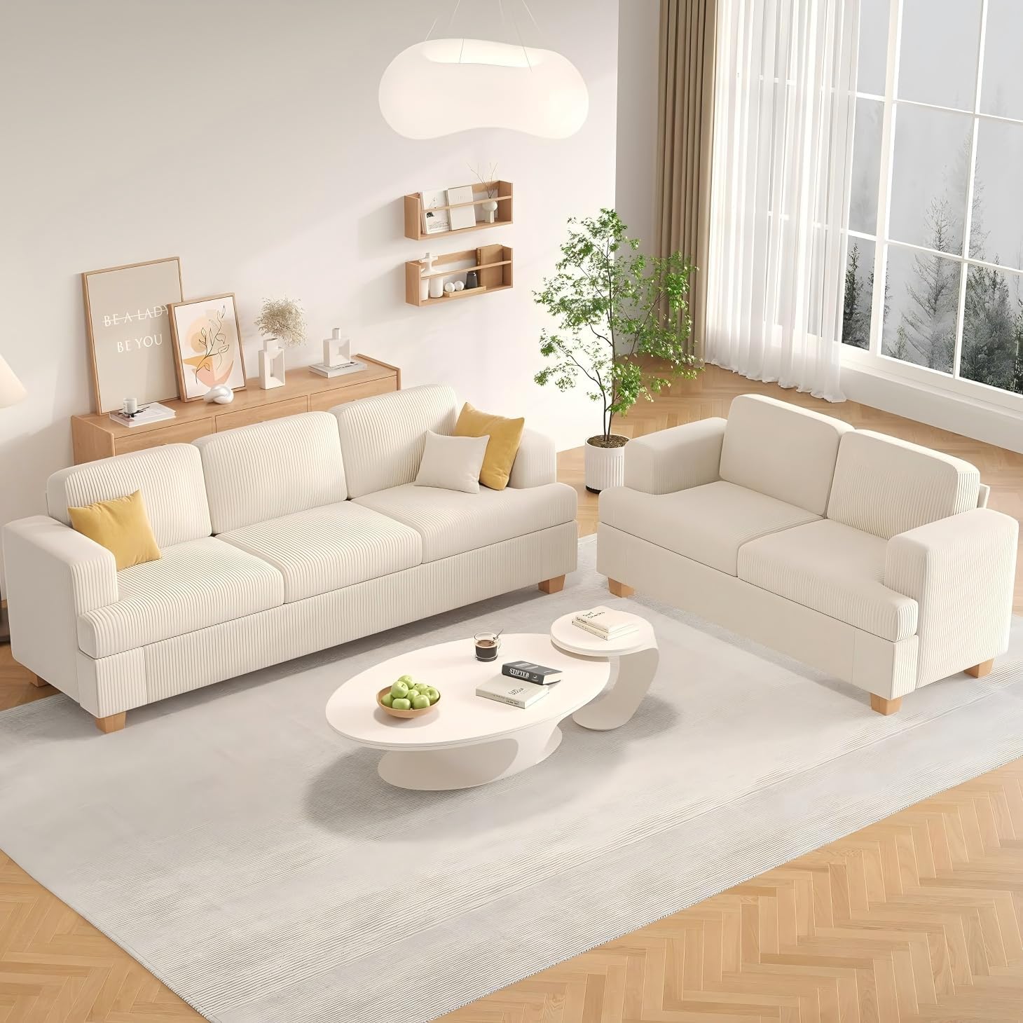 Apicizon Loveseat & 3 Seater Sofa Sets, 89' Couch Sofa Set for Living Room Furniture Sets, 2 Piece Deep Seat Sleeper Sofa, Couch and Loveseat Sets for Apartment, White Corduroy