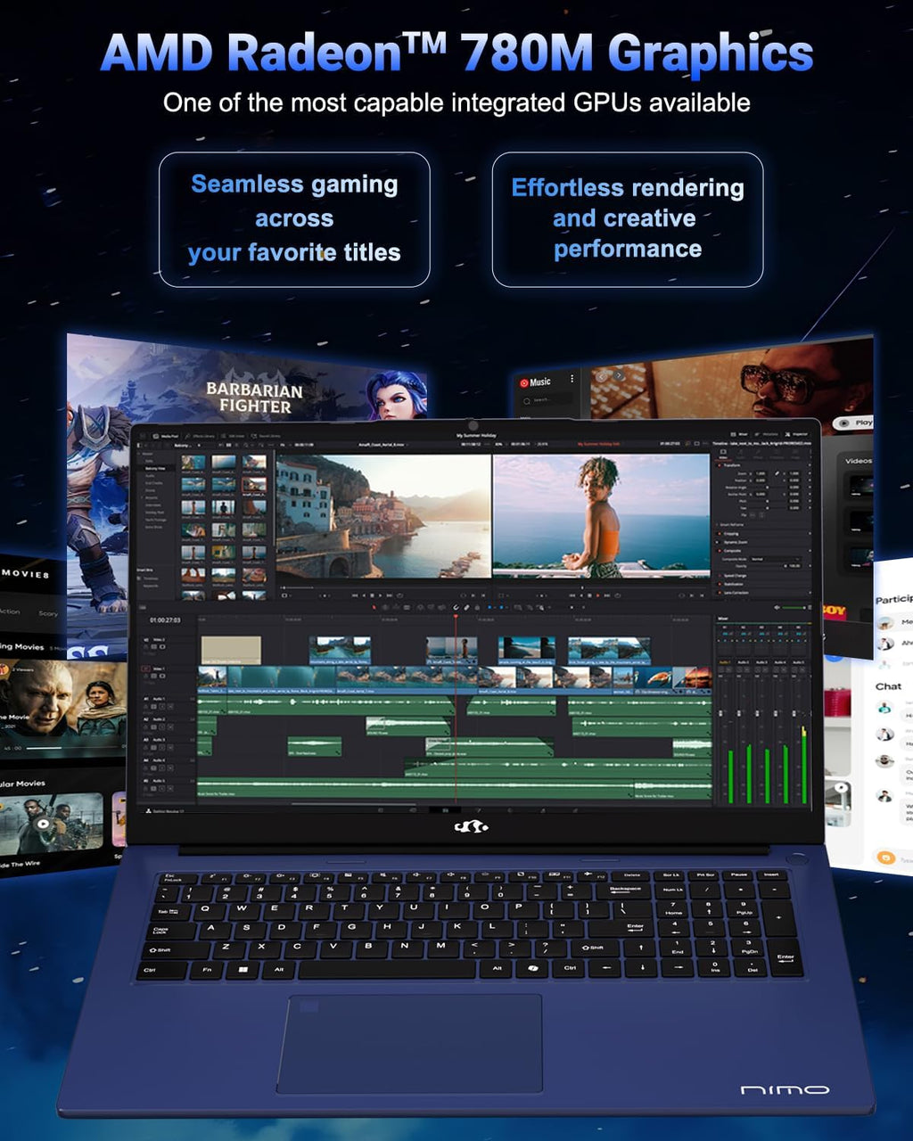 NIMO 17.3' Light-Gaming-Laptop, 8 Cores AMD Ryzen 7 8745HS 16GB DDR5 RAM 512GB SSD (Beat R9 6900HX, up to 4.9GHz) Radeon 780M GPU IPS FHD Computer with 100W Type-C Fingerprint, Backlit Keyboard