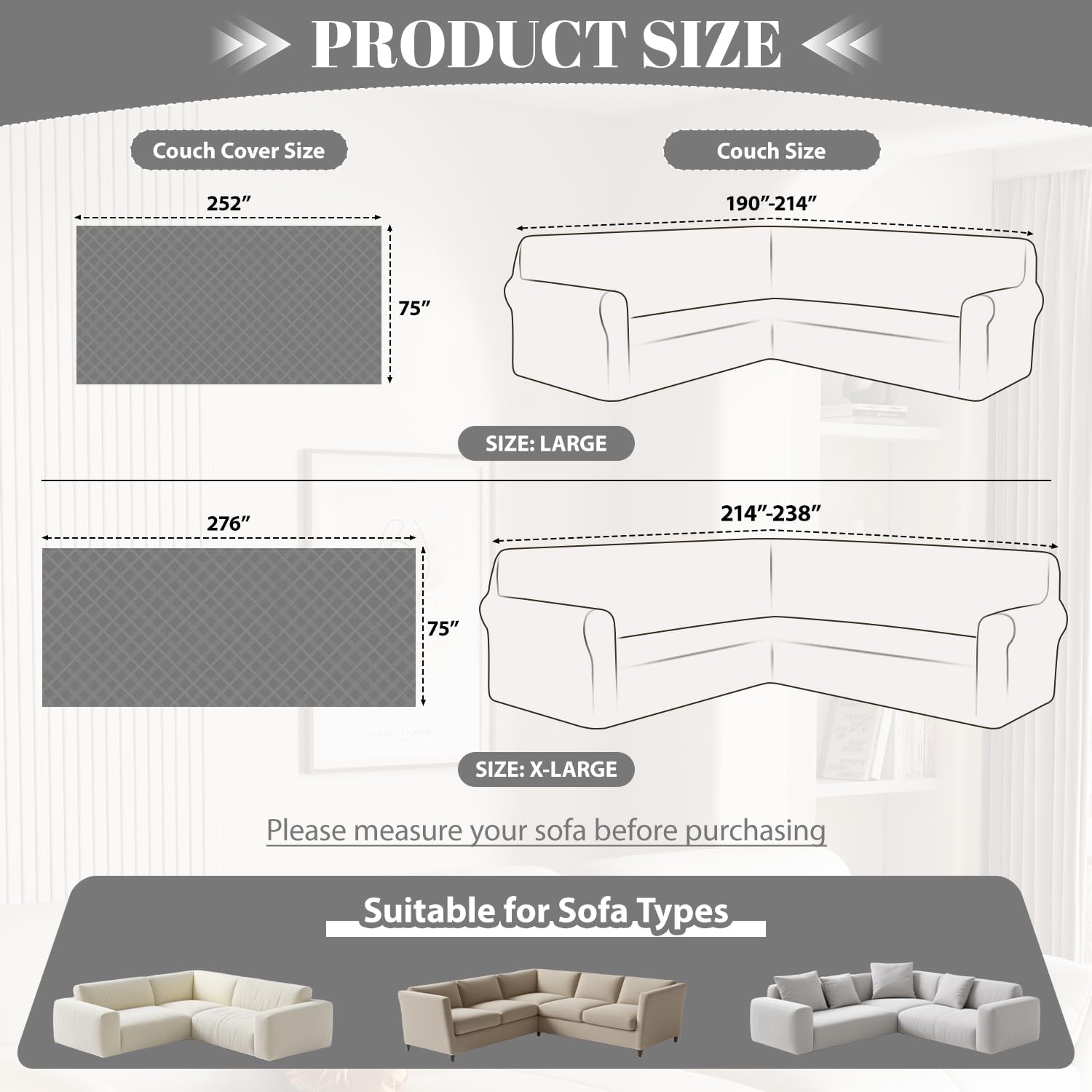 Waterproof Sectional Couch Covers Sectional Sofa Cover L Shaped Corner Sofa Slipcovers Blanket for Dogs Pets Washable Jacquard Quilted L Shape Furniture Protector (75x252 in, Ash Gray)