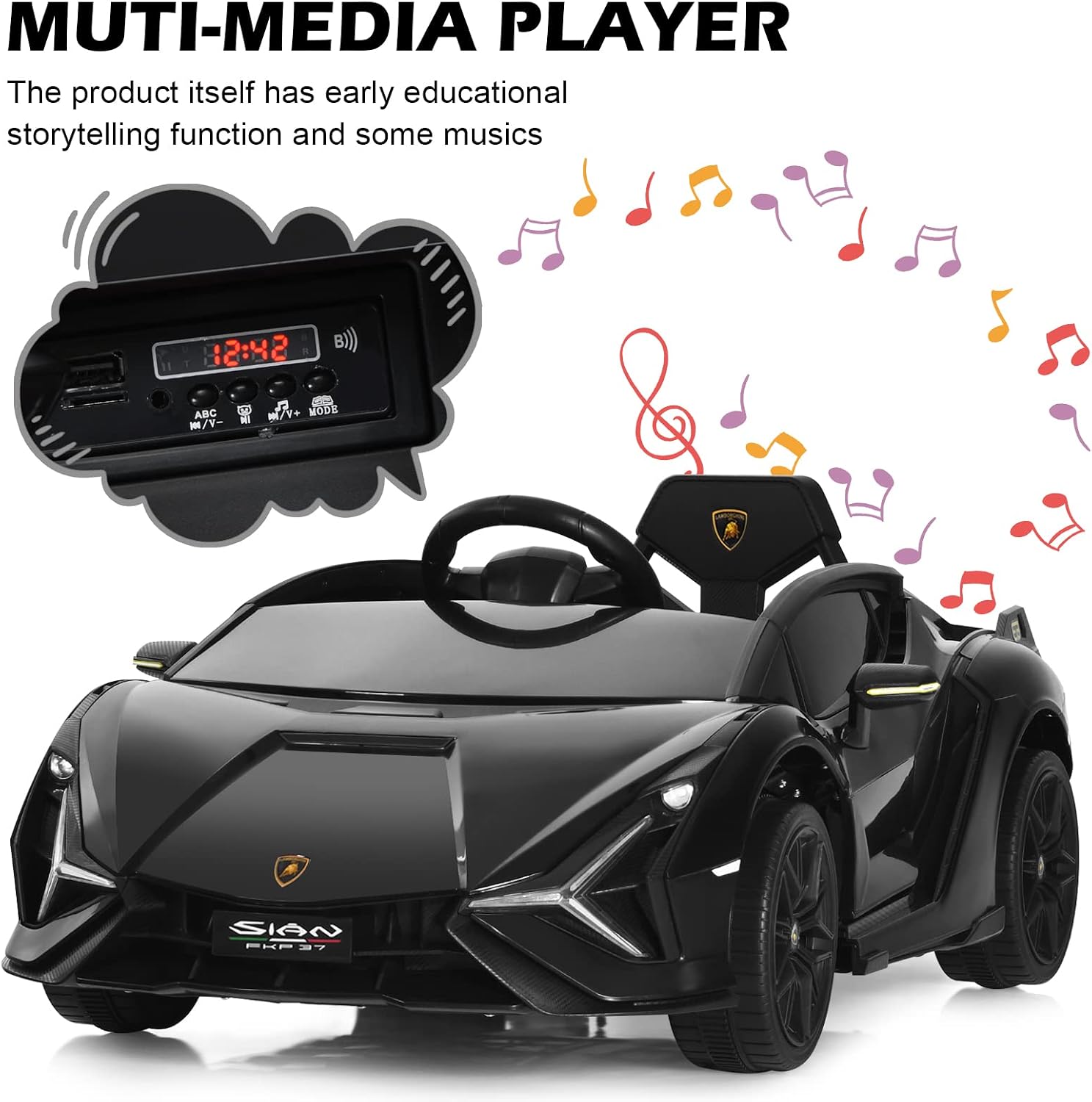 INFANS 12V Licensed Lamborghini Sian Kids Ride On Car with Parent Remote Control, Spring Suspension, MP3 Player, Electric Toy Roadster Carbon Fiber Textured for Toddler (Black)