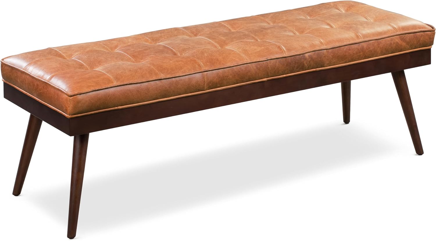 Poly & BARK 55' Tufted Leather Bed Bench for Bedroom End of Bed - Living Room Entry Way Bench - Pure Italian Leather Upholstery with a Solid Wood Frame - Ottoman Bench with Wooden Legs - Cognac Tan