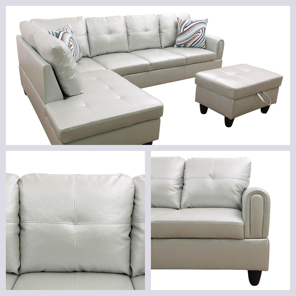 L Shaped Couch Sectional Couches with Chaise and Storage Ottoman, 3 Pieces Modular Convertible Sofa for Living Room Furniture Sets and Small Apartment Faux Leather, Silver Green
