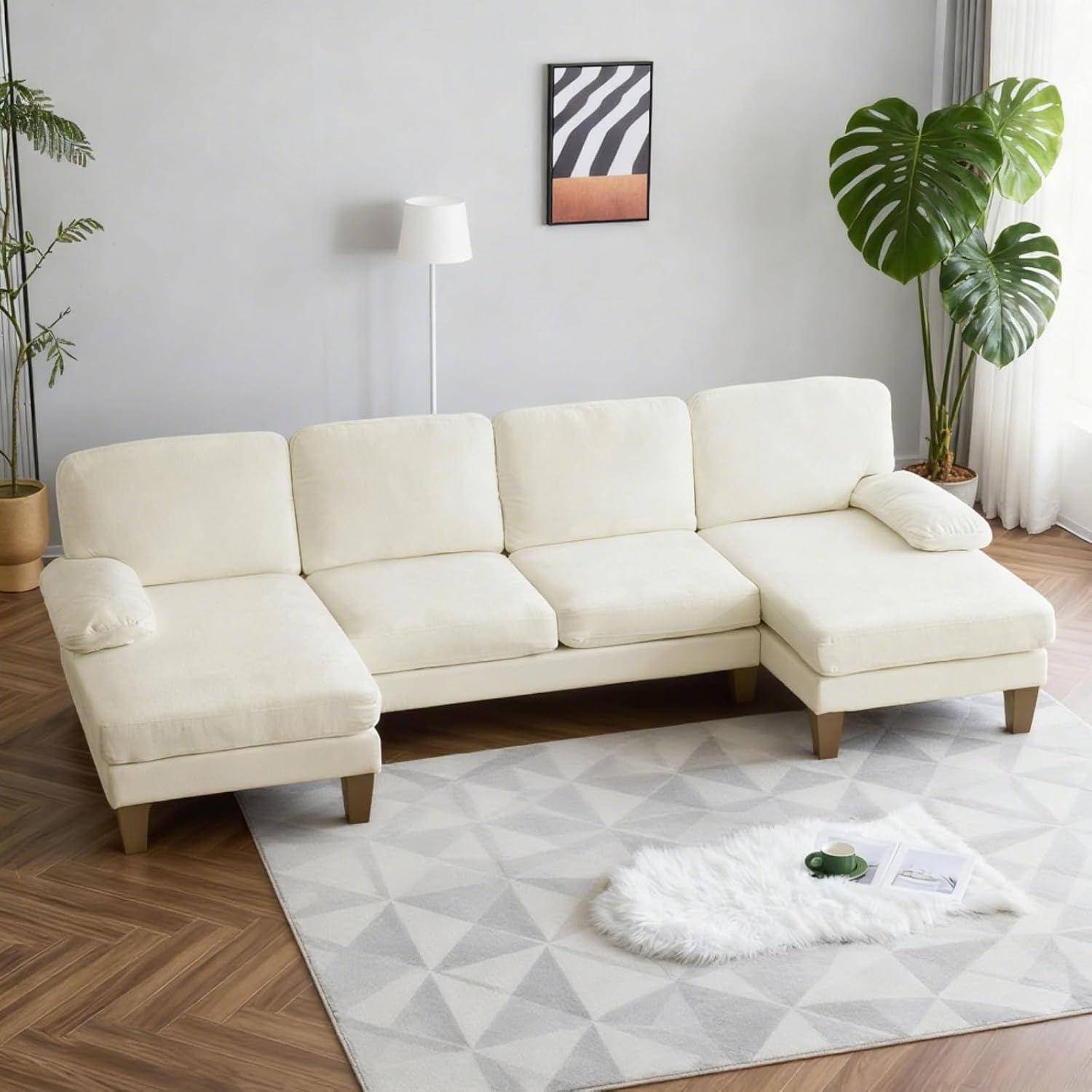 Karl home U-Shape Sectional Sofa Couch 111' Modern 4-Seat Sofa with Chaises Chenille Fabric Upholstered Covertible Couch with Wood Grain Legs for Living Room, Reception Room, Apartment, Beige