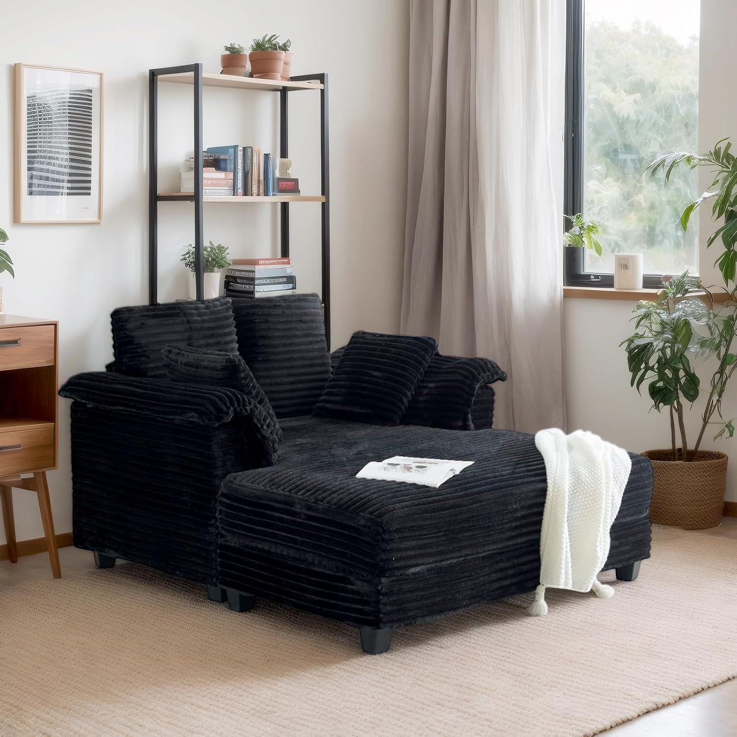 VINGLI 56' Oversized Chaise Lounge Chair, Black Comfy Corduroy Chaise Sofa Recliner Bed Upholstered Sleeper Couch Bed with Throw Pillows and Armrests for Living Room, Movie Room, Bedroom