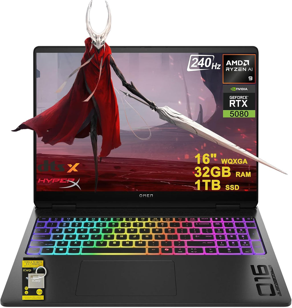 HP Omen MAX 16 Gaming AI Laptop 16' WQXGA 240Hz (100% sRGB 500nits) AMD Zen 5 12-core Ryzen AI 9 HX 375 (Up to 55 TOPS) 32GB RAM 1TB SSD GeForce RTX 5080 (Up to 1334 AI TOPS) RGB Backlit Win11 ICP Hub