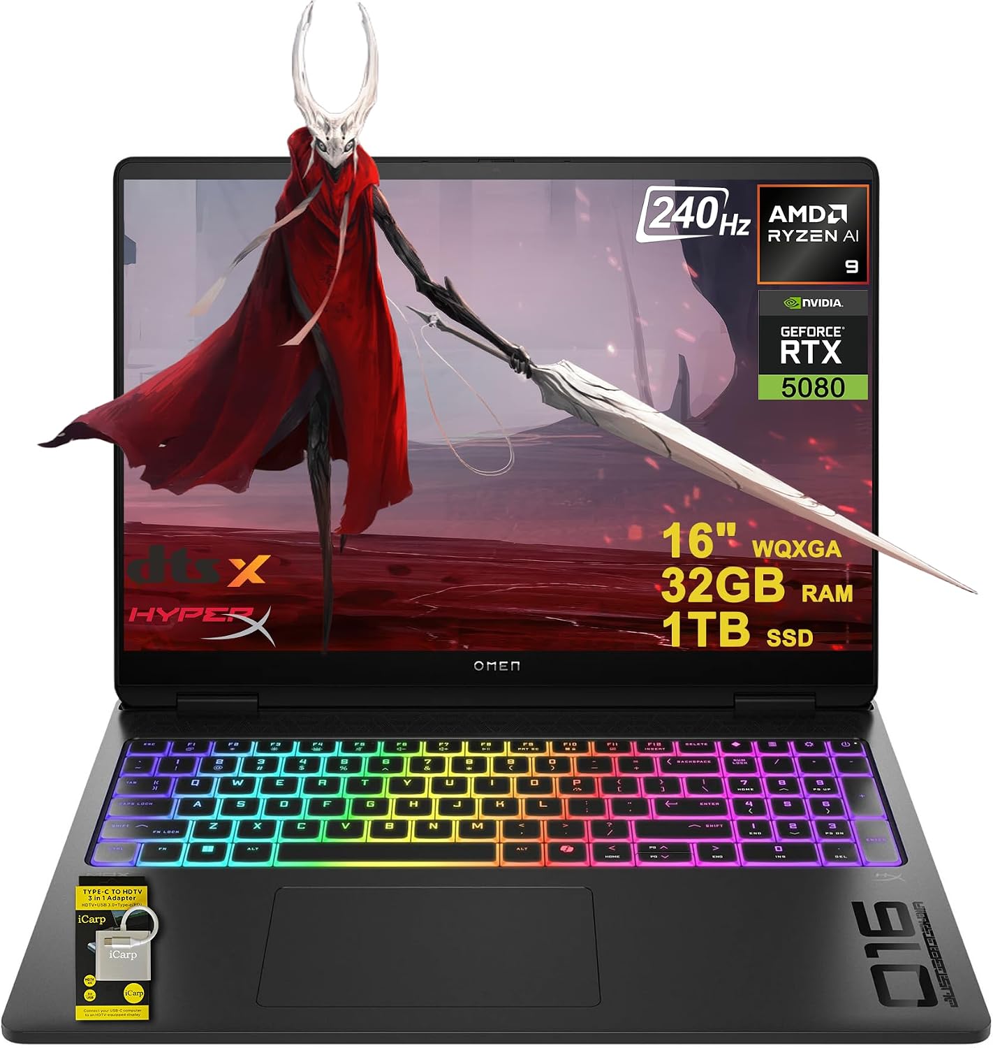 HP Omen MAX 16 Gaming AI Laptop 16' WQXGA 240Hz (100% sRGB 500nits) AMD Zen 5 12-core Ryzen AI 9 HX 375 (Up to 55 TOPS) 32GB RAM 1TB SSD GeForce RTX 5080 (Up to 1334 AI TOPS) RGB Backlit Win11 ICP Hub