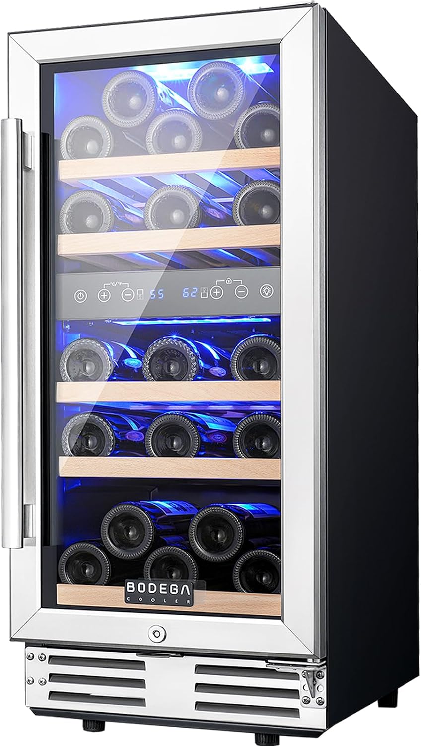 BODEGA 15 Inch Wine Cooler Dual Zone, 30 Bottle, Built-In or Under Counter Freestanding Wine Cooler Refrigerator With Stainless Steel Handle, Wine Fridge With Lock, Energy Efficient,For Home, Kitchen