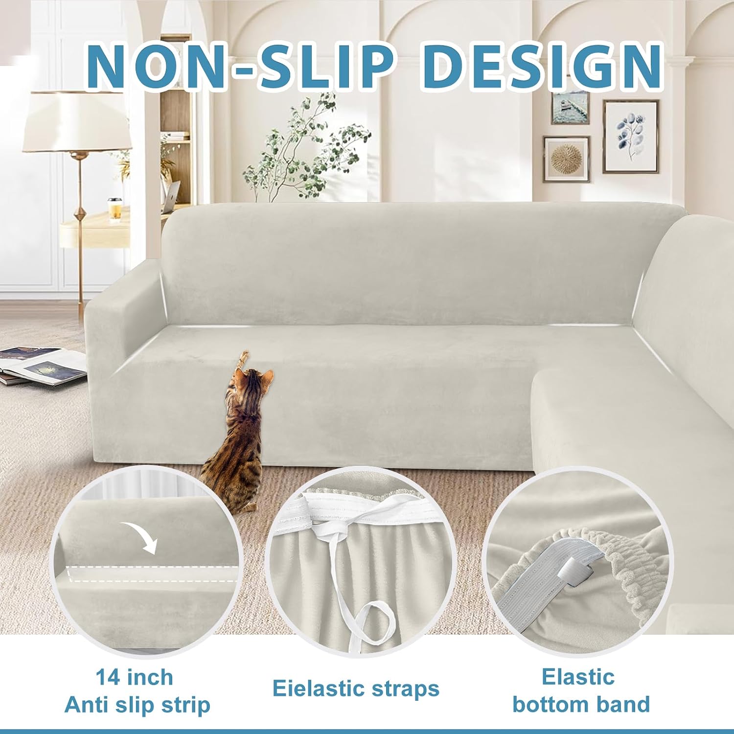 HDCAXKJ Corner Sectional Couch Covers Velvet Stretch L Shape Sofa Cover Soft Thick Sectional Slipcovers U Shaped Living Room Non Slip Magic Furniture Protector for Pet Dogs (Air Gray, Large)