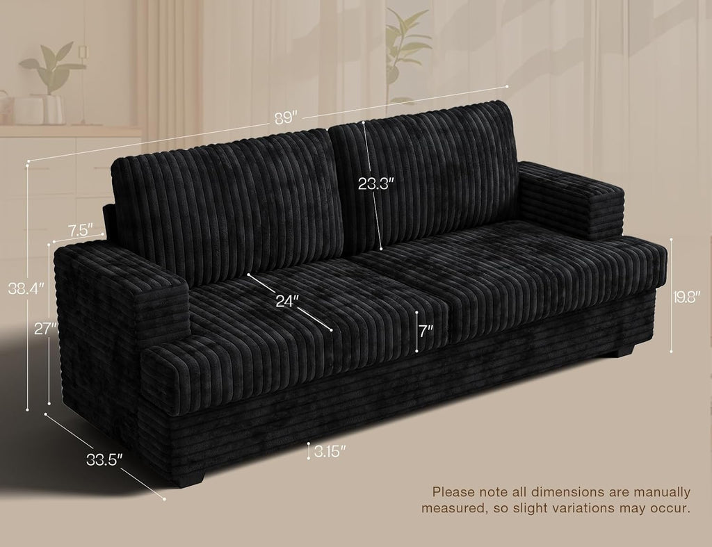 89' Black Couches for Living Room, 3 Seater Couch with Deep Seat, Oversized Loveseat Sofa for Apartment and Small Spaces