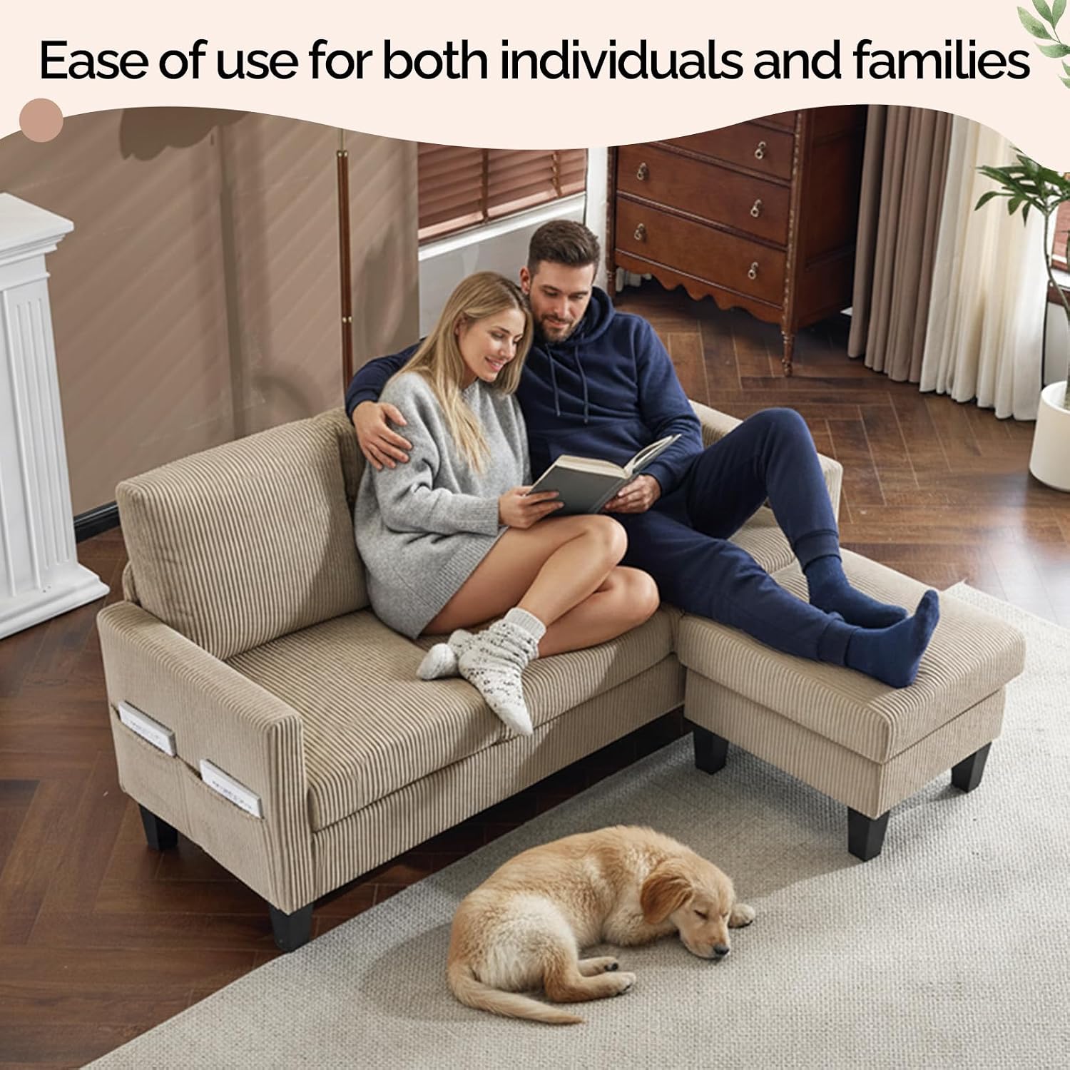 VINGLI 68.5' L Shaped Couch with Movable Storage Ottoman, Convertible Sectional Sofa in Soft Corduroy Fabric, Modern Reversible Chaise Couch for Small Spaces, Apartment, Living Room，Khaki