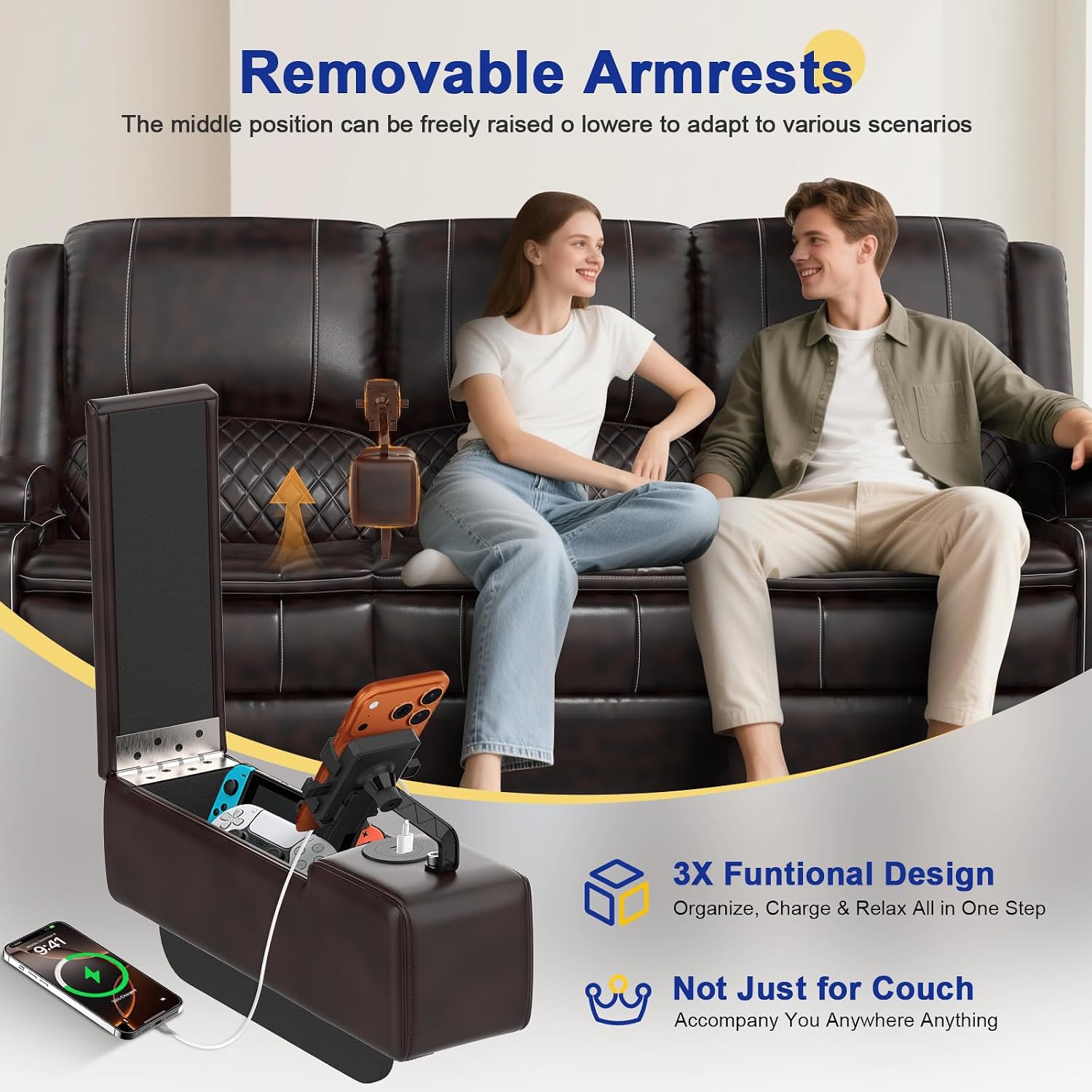 Recliner Sofa 3 Seater Sofa with Recliner, Home Theater Seating with Liftable Console & Removable Armrest, Manual PU Leather Reclining Couch with Cup Holders & USB Ports for Living Room/RV (PU,Brown)
