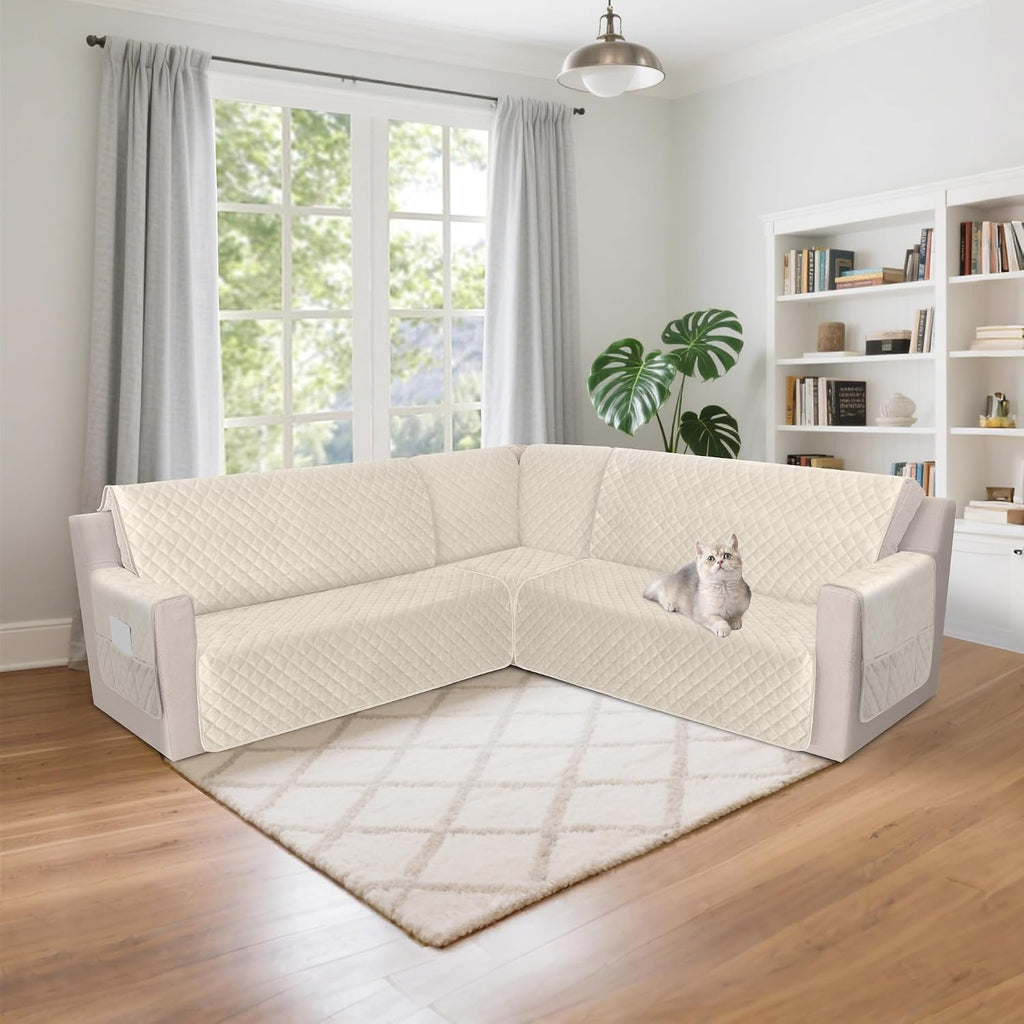 HDCAXKJ Waterproof Corner Sectional Couch Cover Velvet L Shape Sofa Covers for Pets Dogs Soft Heavy Duty U Shaped Sofa Slipcovers Sets for Sectional Non Slip Furniture Protector (Beige, Small)