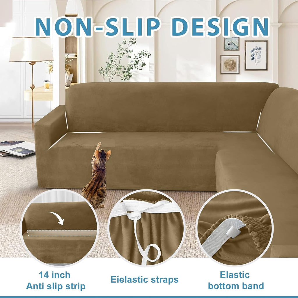 HDCAXKJ Corner Sectional Couch Covers Velvet Stretch L Shape Sofa Cover Soft Thick Sectional Slipcovers Set U Shaped Living Room Non Slip Magic Furniture Protector for Pet Dogs (Brown Khaki, X-Large)