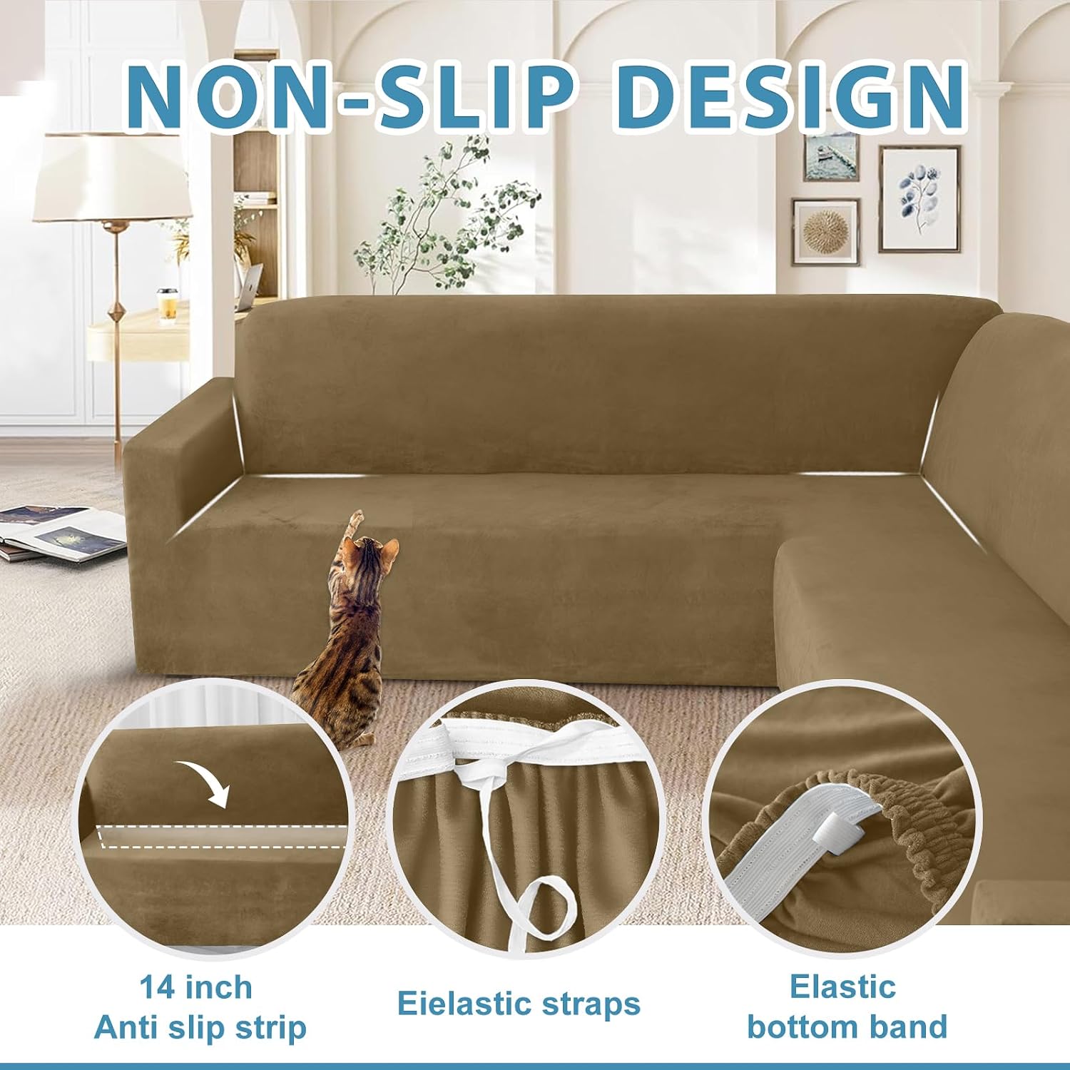 HDCAXKJ Corner Sectional Couch Covers Velvet Stretch L Shape Sofa Cover Soft Thick Sectional Slipcovers Set U Shaped Living Room Non Slip Magic Furniture Protector for Pet Dogs (Brown Khaki, X-Large)