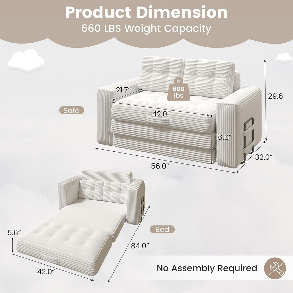 Convertible Sofa Bed, 2 in 1 Boneless Couch Bed with 2 Pillows, Corduroy Pull out Couch Folding Sofa Bed with Deep Seat, Small Loveseat Sleeper Sofa Bed in a Box for Small Spaces, No Assembly Needed