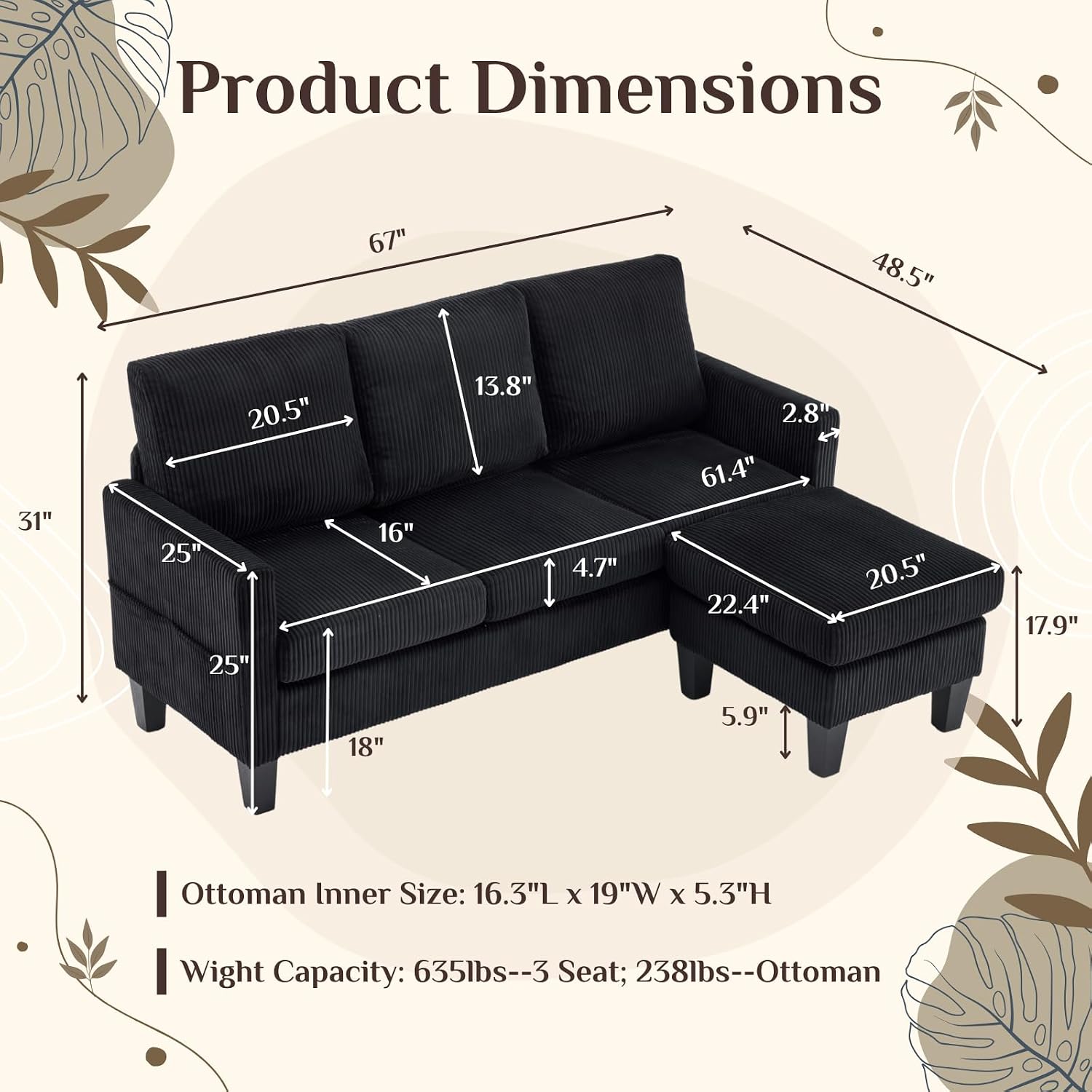 Karl home Small Sectional Couch L Shaped Sofa with Movable Storage Ottoman Corduroy Upholostered Sofa Chaise with Side Pockets for Living Room, Apartment, Studio, Black