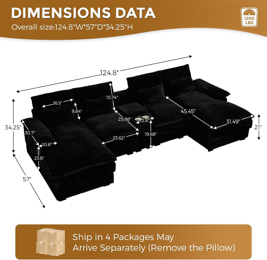 HYJT-H&K 124' U Shaped Cloud Couch Sectional, Comfy Fluffy Plush Corduroy Dark Black Sectional Couches for Living Room, Modern Modular Corduroy Couch Sectionals with Central Console & Double Chaise