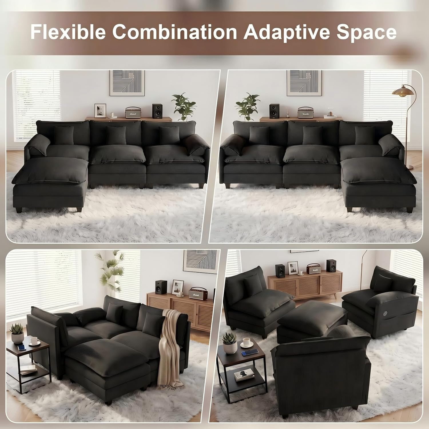 KCGKCG Modular Sectional Sofa, 108' Comfy Cloud Couch with Movable Ottoman | Charging Station | Side Pocket | Throw Pillow, Modern L-Shaped Couches for Living Room, Chenille, Classic Black