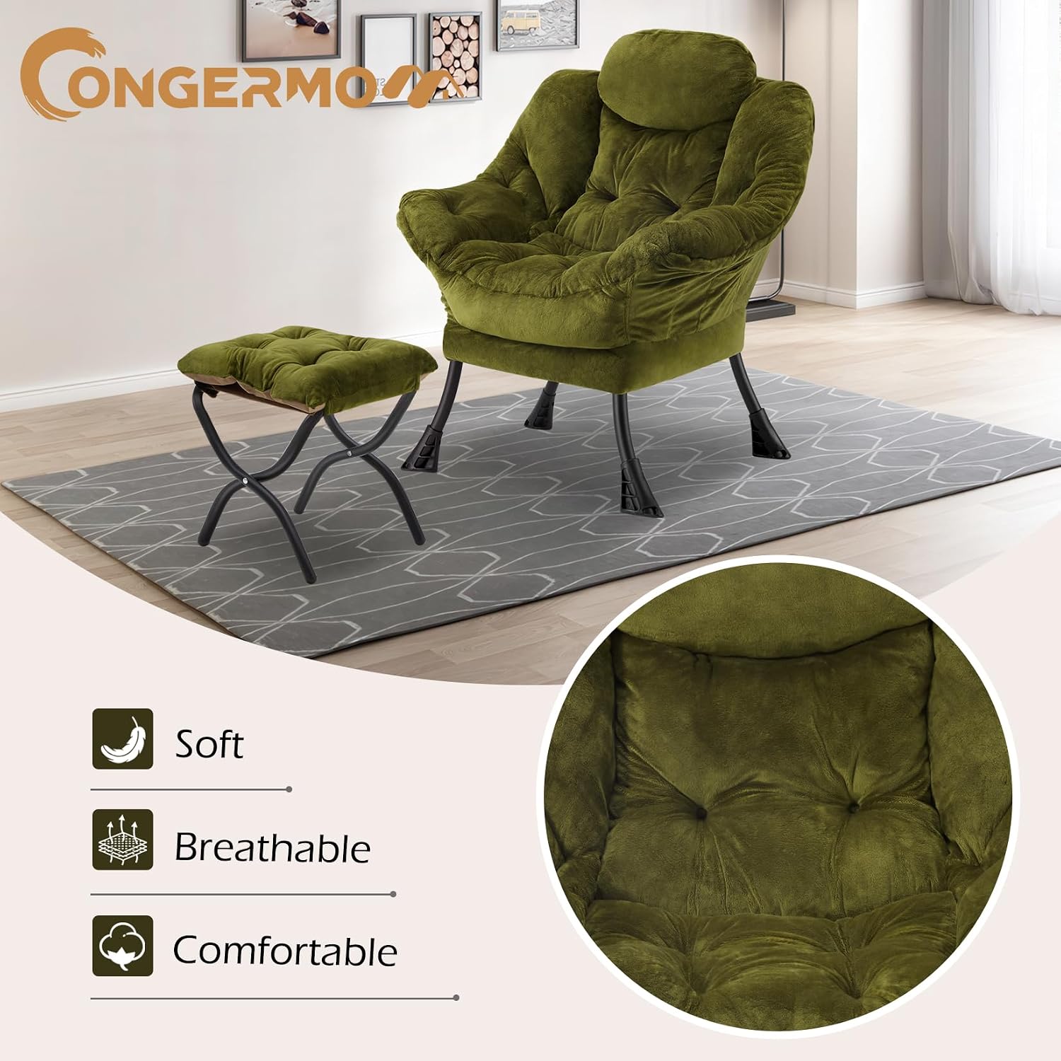 Lazy Chair with Folding Ottoman,Leisure Sofa Chair,Soft Fabric Armchair with Armrests and Side Pockets, Reading Chair with Footrest for Living Room, Bedroom, Office (Plush Green)