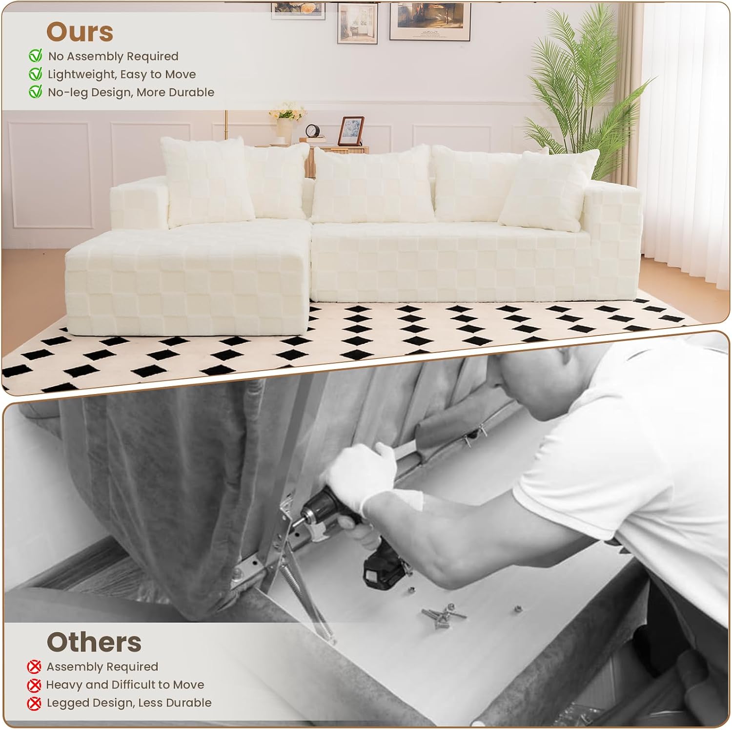 Modular Sectional Sofa, 108' L-Shaped Boneless Couch with Deep Seat, Corduroy Cloud Couch for Living Room, Bedroom, No Assembly Required, Ship in a Box, Checkered Beige