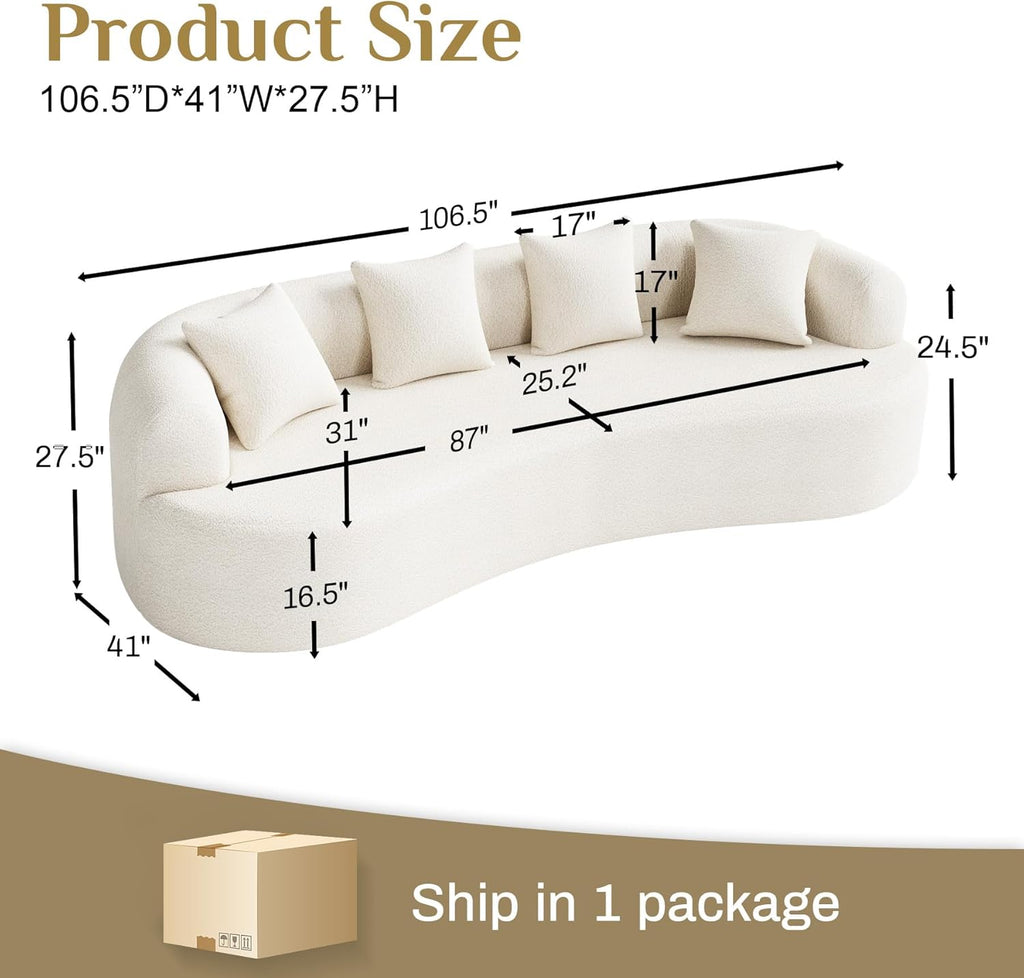 Oversized Sectional Sofa for Living Room, Modern Luxury Plush Chenille 4-Seater Extra Deep & Wide Seat Curved Cloud Couch with 4 Throw Pillows, No Assembly Needed, Cream White
