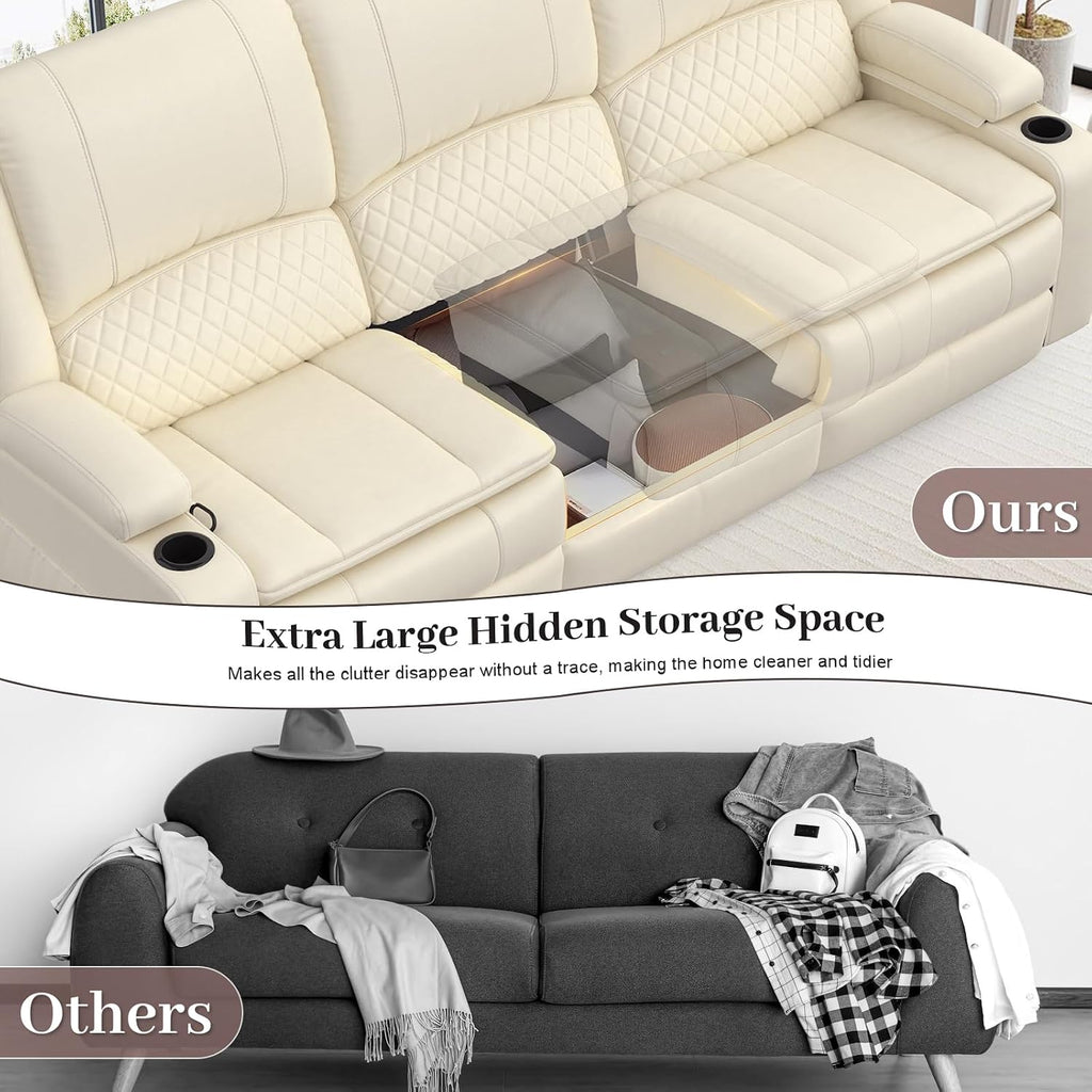 Yolsali 3-Seater Recliner Sofa, Manual Reclining Couch with Multi-Functional Middle Seat, Reclining Sofa for Living Room with Hidden Storage Space, Cup Holders, and Removable Console