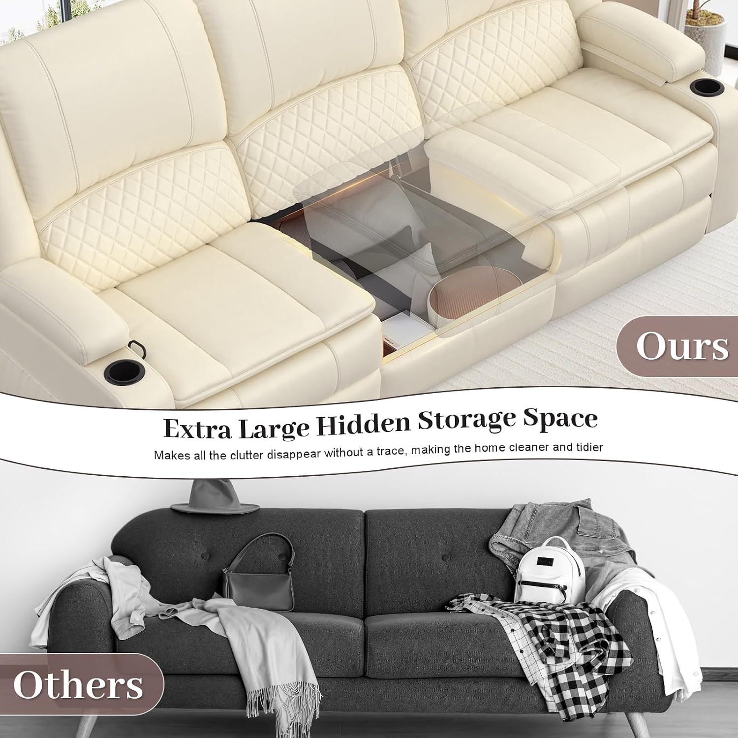 Yolsali 3-Seater Recliner Sofa, Manual Reclining Couch with Multi-Functional Middle Seat, Reclining Sofa for Living Room with Hidden Storage Space, Cup Holders, and Removable Console