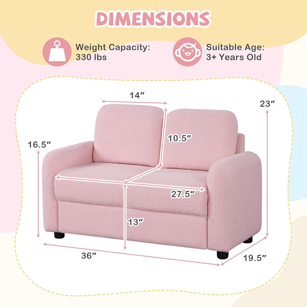 Costzon Kids Couch, 2 Seat Toddler Armrest Chair w/Teddy Fleece Upholstery & Solid Wooden Frame, Double Seat Children's Sofa for Preschool, Bedroom, Playroom, Daycare, Ideal Gift for Girls Boys
