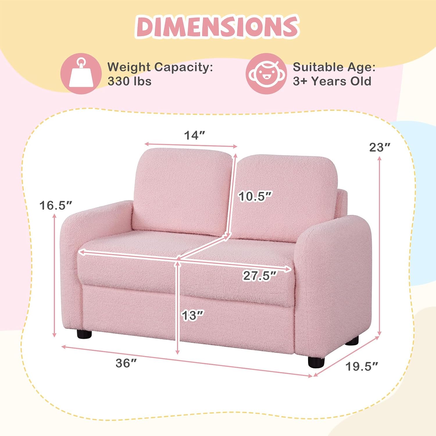 Costzon Kids Couch, 2 Seat Toddler Armrest Chair w/Teddy Fleece Upholstery & Solid Wooden Frame, Double Seat Children's Sofa for Preschool, Bedroom, Playroom, Daycare, Ideal Gift for Girls Boys