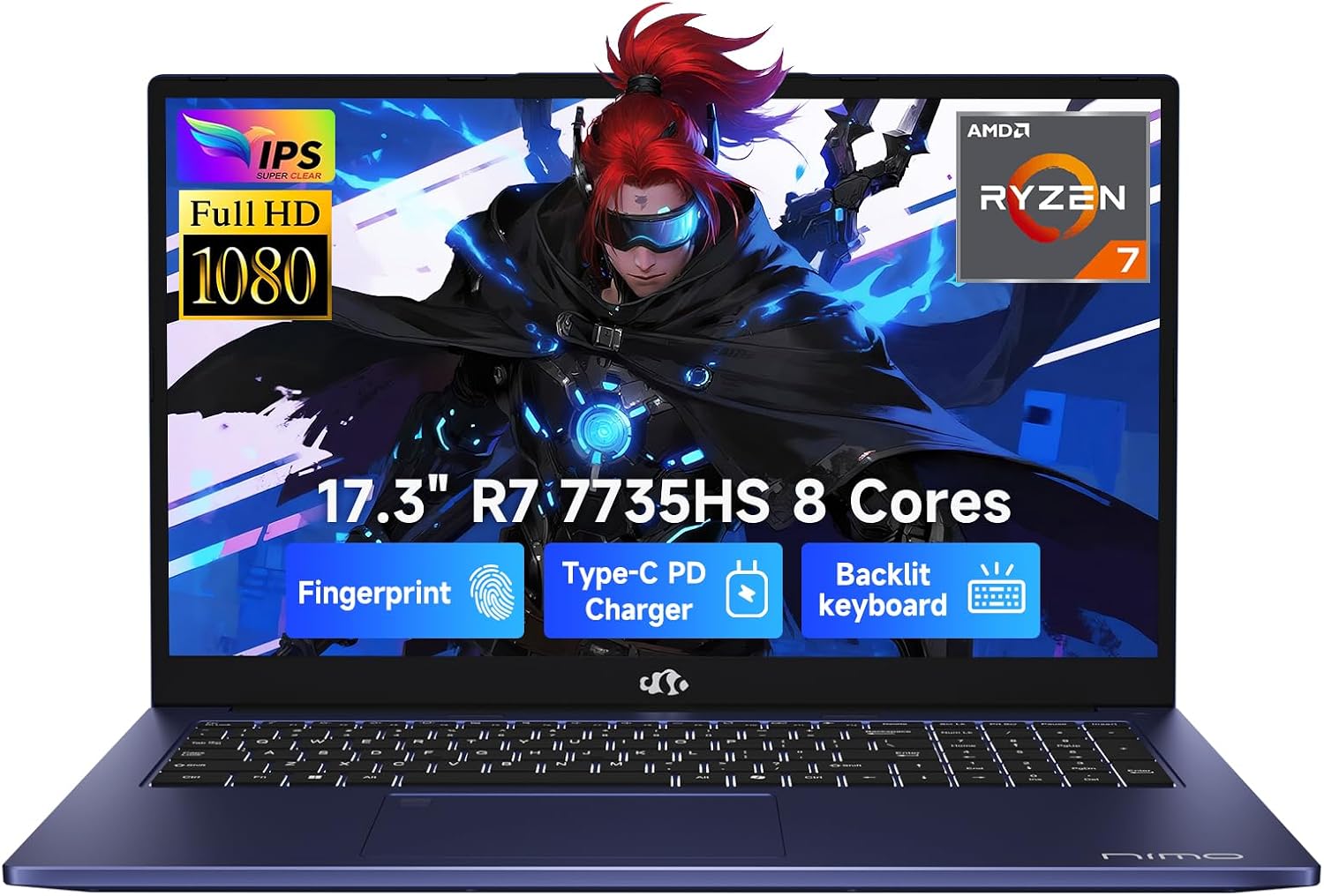 NIMO 17.3-Laptop, AMD Ryzen 7 7735HS (8C/16T) Radeon 680M, 16GB DDR5 RAM 1TB SSD, 100W PD Type-C Fast Charging, Wi-Fi 6E BT 5.2, Fingerprint Unlock, Backlit Keyboard for Business Student Light Gaming