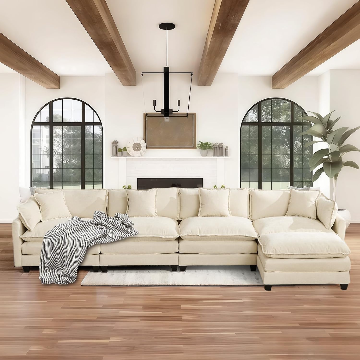 SoarFlash 149.61' Chenille Sectional Sofa, Comfy L Shaped Modular Coush Sofa with Ottoman, Modern 4 Seat Couch Deep Seat Sofa Set for Living Room,Beige