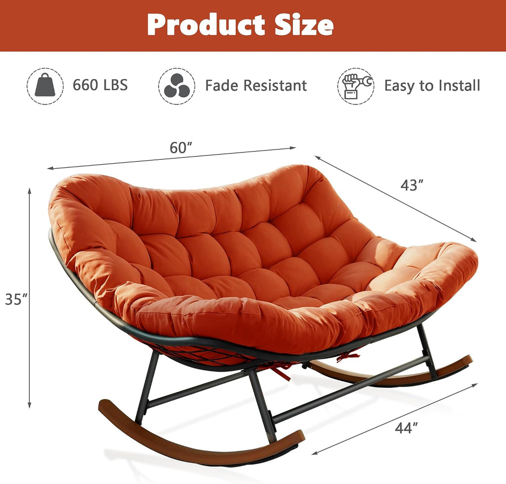 Double Outdoor Papasan Rocking Chair, Oversized Papasan Loveseat with 6' Weatherproof Cushion & PE Rattan Frame, All-Weather Patio Furniture for 2 Adults,Red