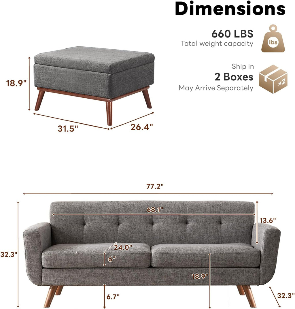Tbfit Mid Century Modern Sofa Couch, Gray, Standard Sofa & Ottoman | linen fabric, button tufted, solid wood foot, pocket spring, wood slats frame