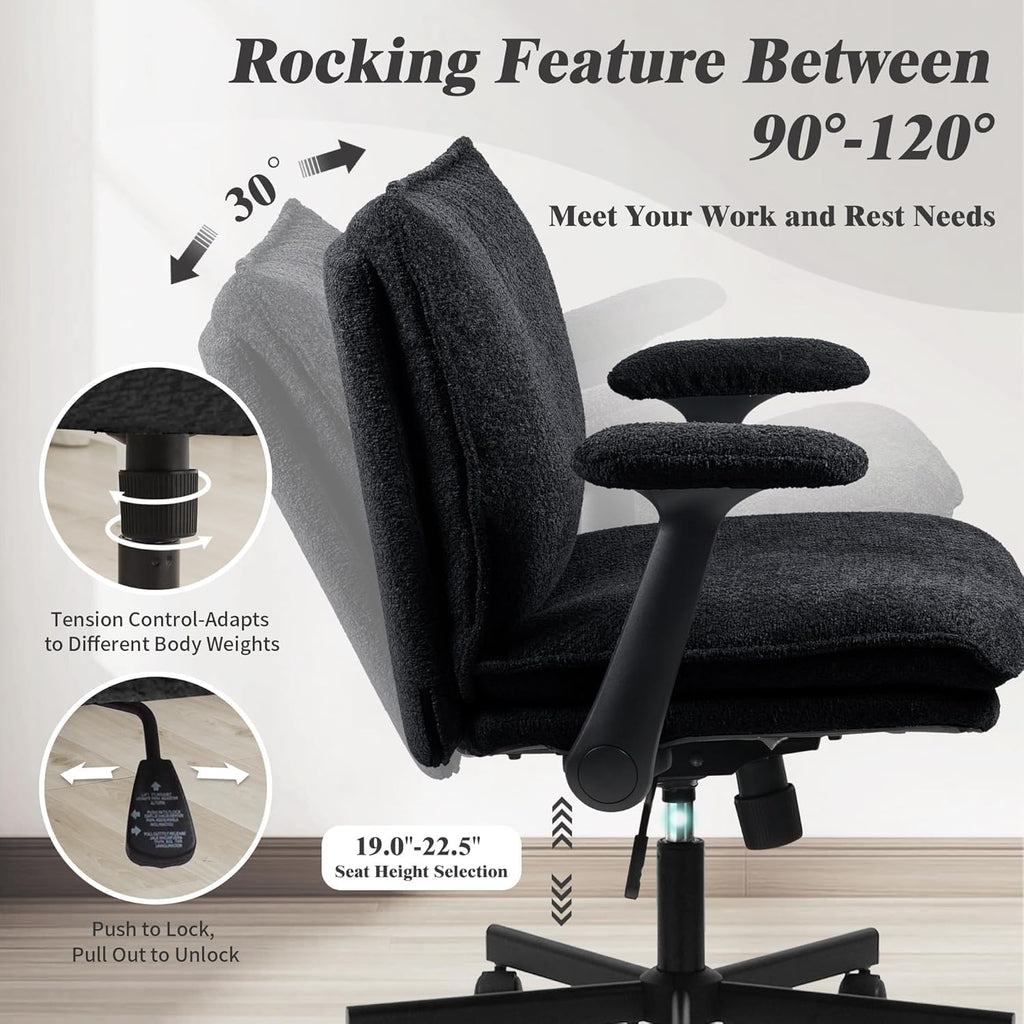 Kassipo Criss Cross Legged Office Chair with Wheels and Flip-Up Arms, Upholstered Criss Cross Desk Chair, Wide Seat Chairs for Home Office, Vanity, Apartment, Black