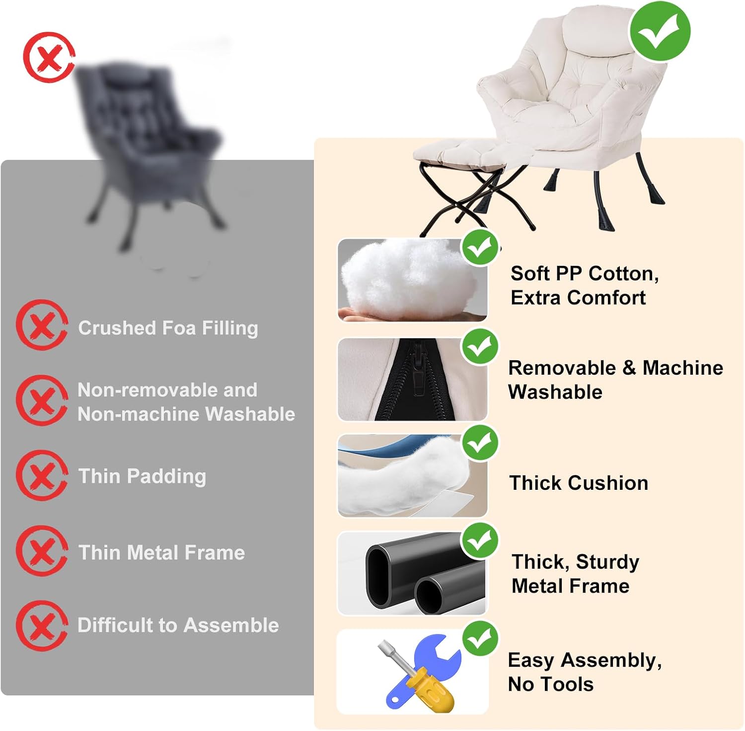 Furlide Lazy Chair with Ottoman, Modern Chair with Folding Footrest, Lounge Accent Chair, Comfortable Reading Chair, Oversized Armchairs for Bedroom, Study, Living Room, Courtyard (Beige)