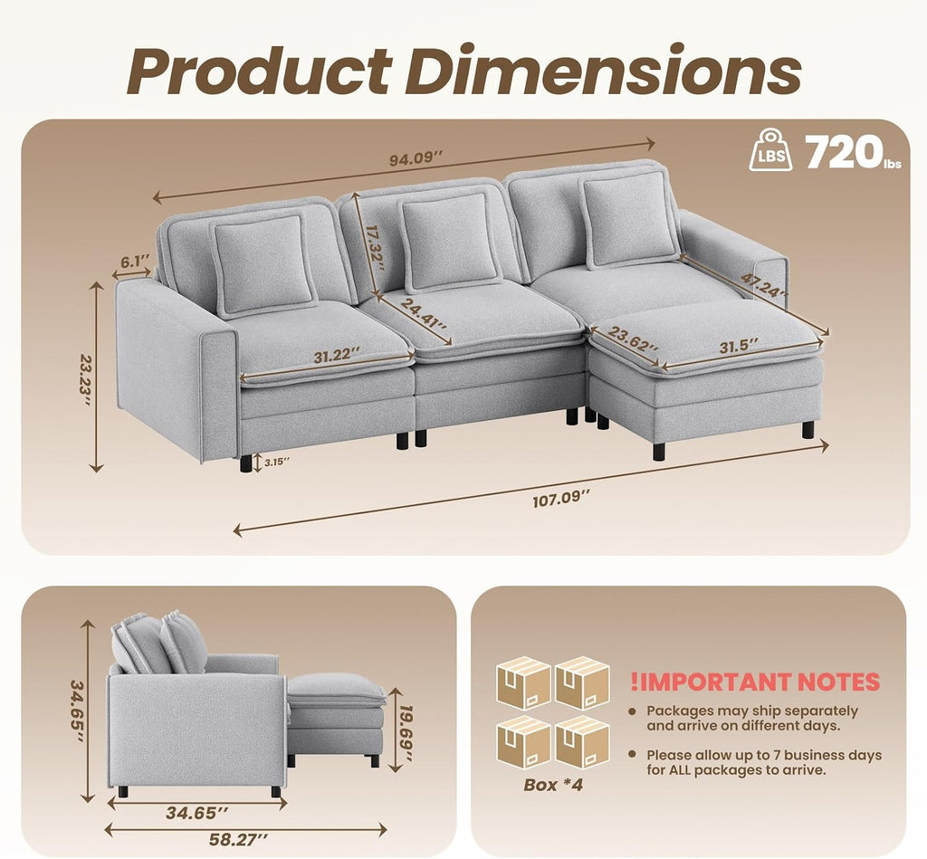 MALOL Modular Sectional Sofa 107', Comfy Cloud Couch with Ottoman, Deep 4-Seat L Shaped Modular Sofa, Couches with Throw Pillows for Living Room, Light Grey