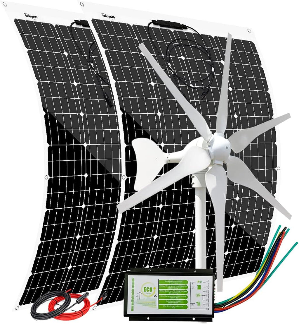 400 Watt 24 Volt Wind Turbine Generator + 240W Monocrystalline Flexible Solar Panels + Solar Wind Hybrid Controller,640W Solar Wind Off Grid System for Greenhouse