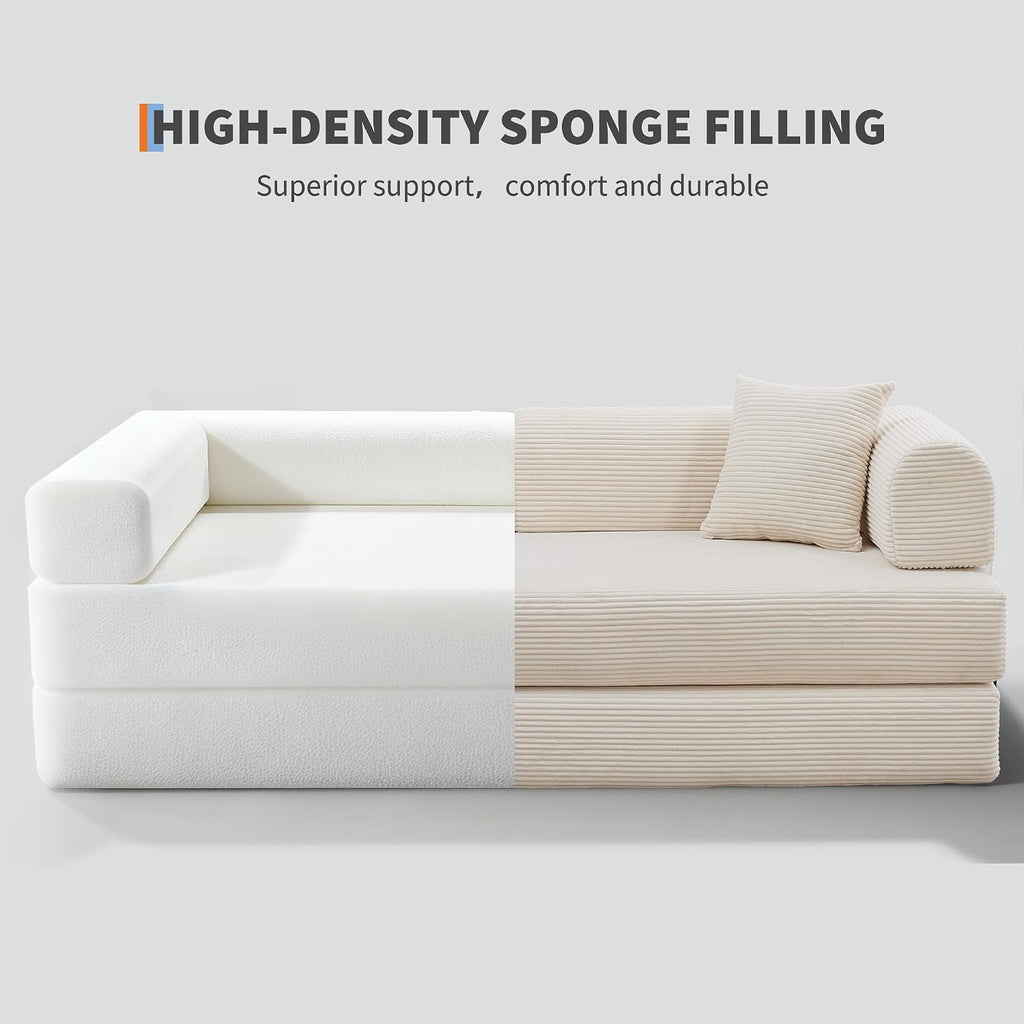 GarveeHome 79' Convertible Sleeper Sofa Bed Couch, 4-in-1 Boneless Corduroy Folding Sofa Bed with Pillow & Fixed-Shape, Floor Mattress Couch Loveseat for Living Room Apartments - No Assembly, Beige