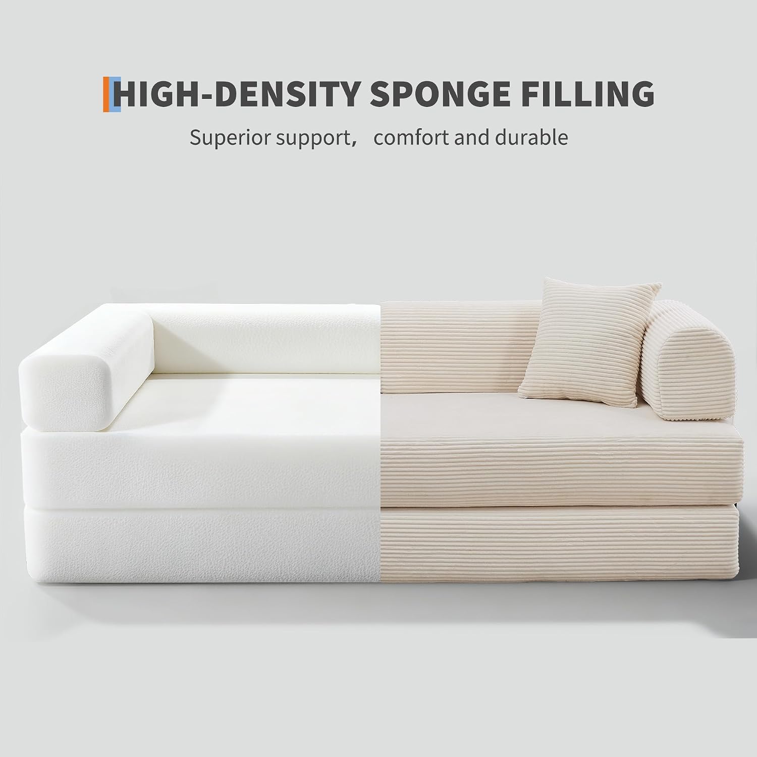 GarveeHome 79' Convertible Sleeper Sofa Bed Couch, 4-in-1 Boneless Corduroy Folding Sofa Bed with Pillow & Fixed-Shape, Floor Mattress Couch Loveseat for Living Room Apartments - No Assembly, Beige
