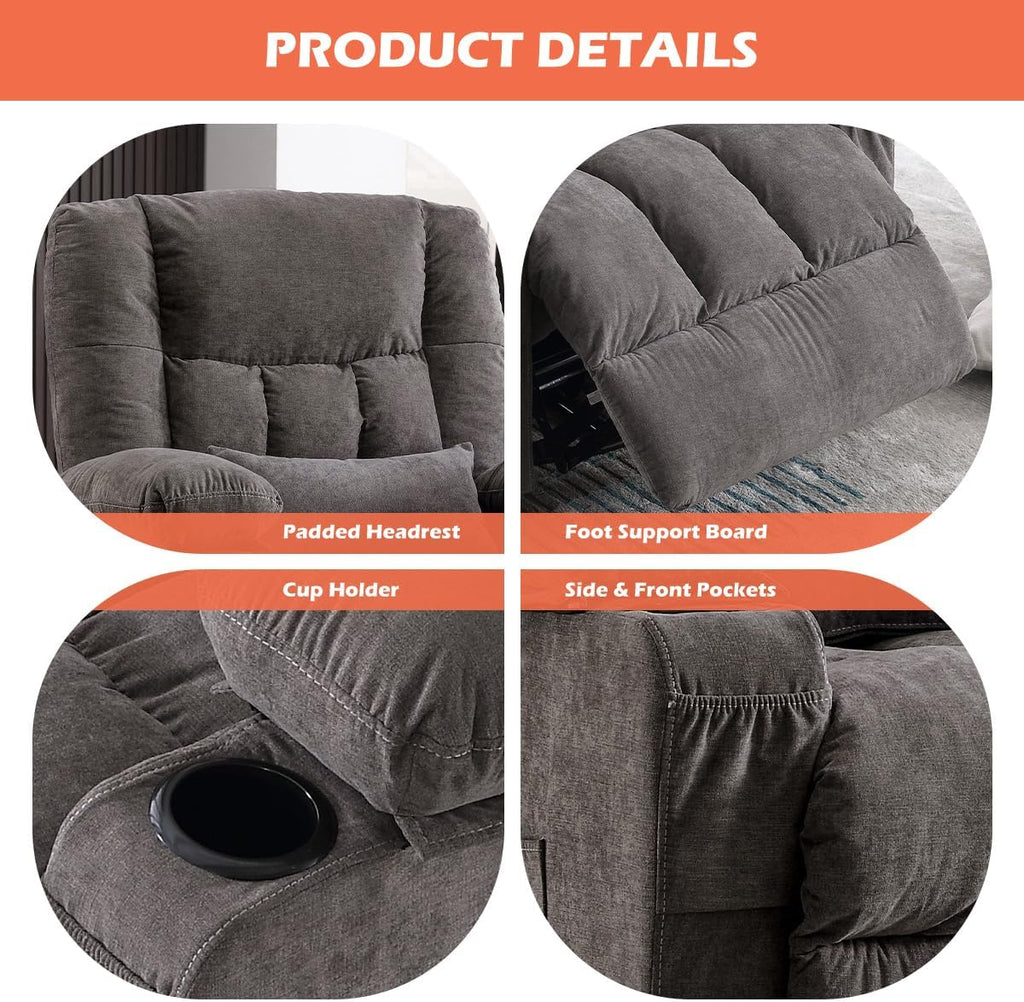 MAHOMICO Recliner Chair with Cup Holders for Living Room Single Seat Manual Oversized Recliner with Ergonomic, Side Pocket for Adult