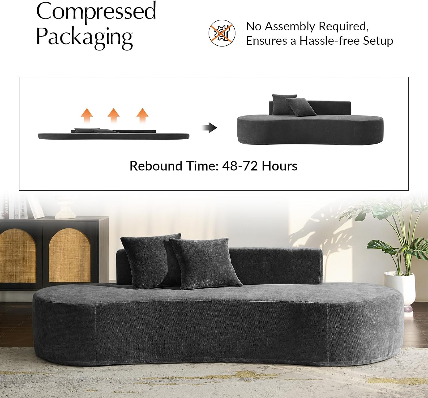 HULALA HOME 94.5' Curved Boneless Couch with Two Pillows, Oversized 3 Seater Compressed Foam Sofa with Deep Seat, Modern Cloud Couch for Living Room, No Assembly Required, Charcoal