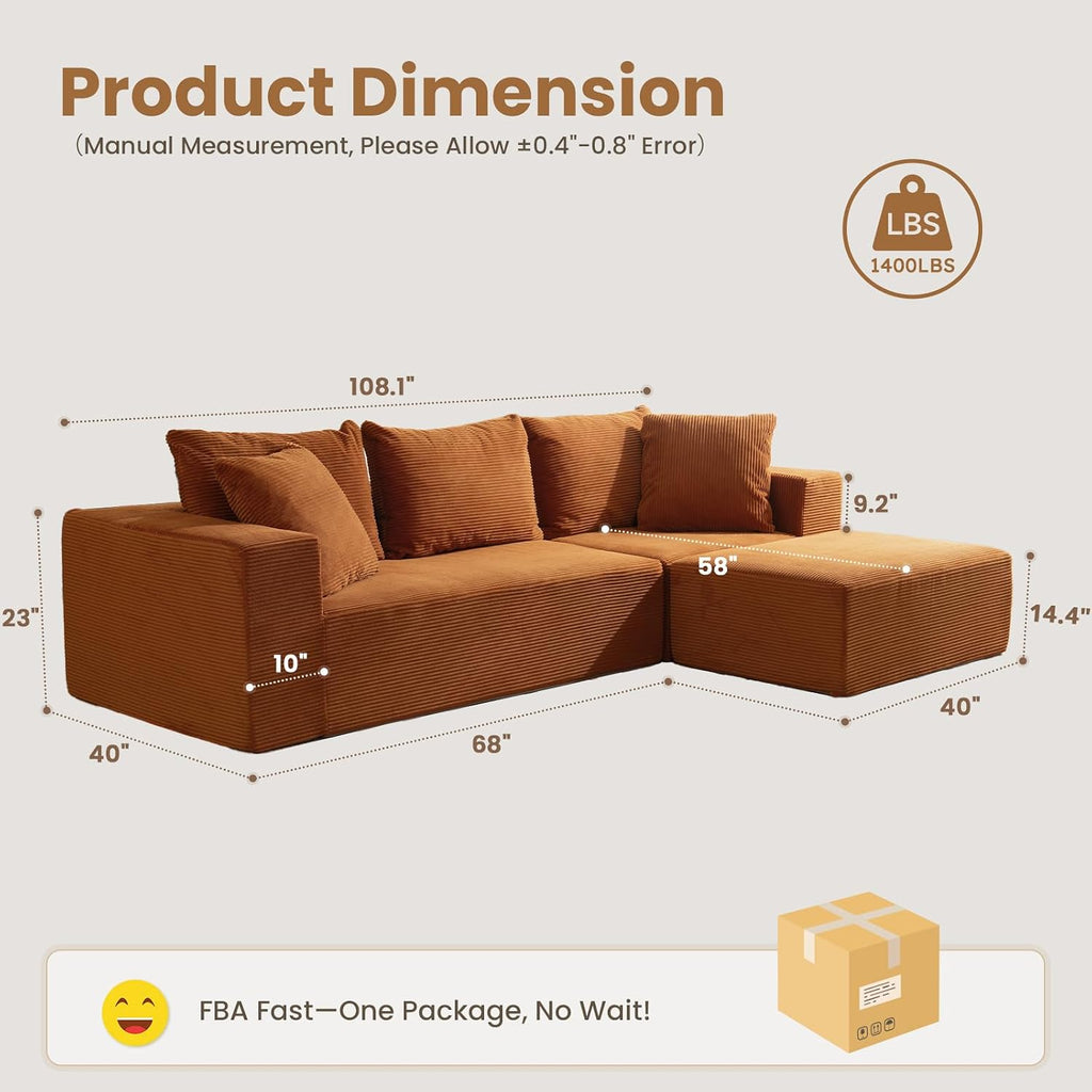 108' L-Shaped Boneless Couch, Modular Sectional Sofa with Moveable Ottoman, Corduroy Cloud Couches for Living Room, No Assembly, Ship in a Box, Burnt Orange