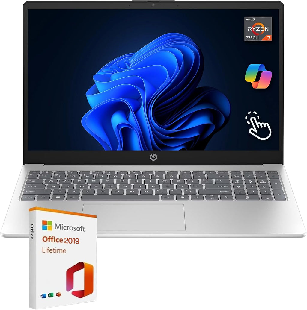 HP 15.6' FHD IPS Touchscreen Laptop, AMD Ryzen 7 7730U, 16GB RAM, 1TB SSD, AMD Radeon Graphics, Windows 11 Home, Wi-Fi 6, Long Battery Life, Office 2019 Lifetime License, Natural Silver