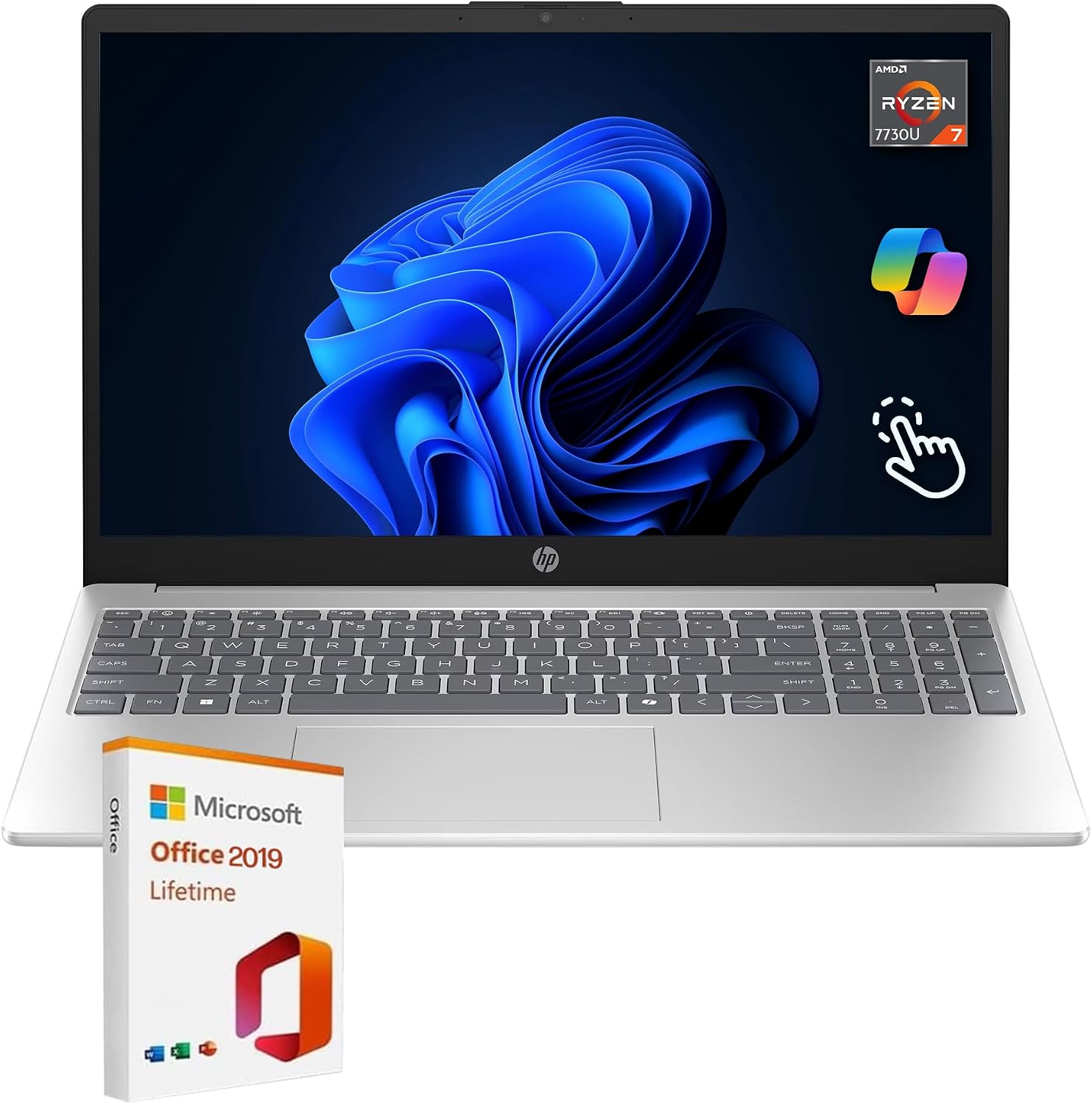 HP 15.6' FHD IPS Touchscreen Laptop, AMD Ryzen 7 7730U, 16GB RAM, 1TB SSD, AMD Radeon Graphics, Windows 11 Home, Wi-Fi 6, Long Battery Life, Office 2019 Lifetime License, Natural Silver