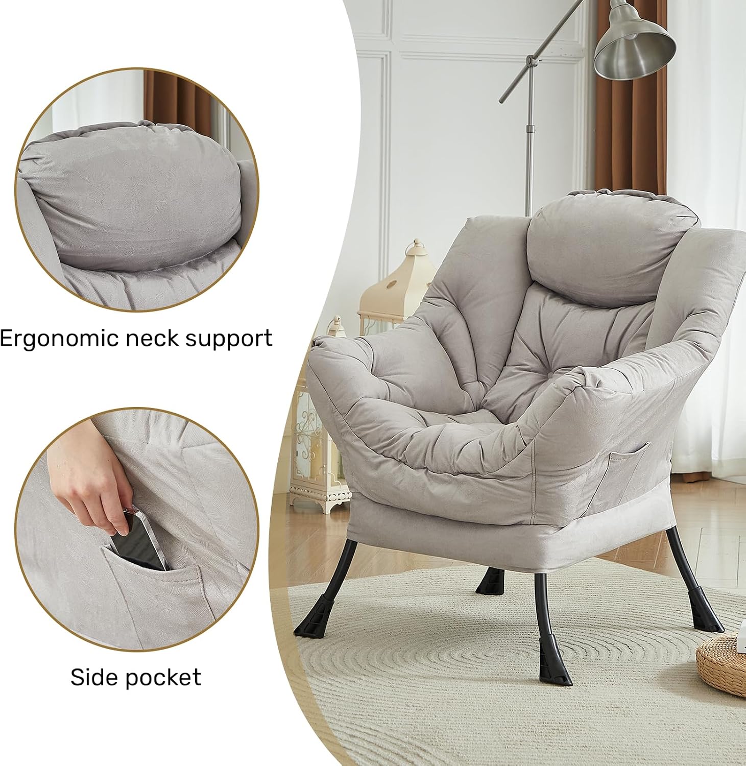 HollyHOME Lazy Chair with Armrest and Side Pocket, Comfy Accent Lounge Chair,Leisure Sofa Armchair for Living Room, Bedroom, Dorm, or Small Spaces, Oversized Reading Sofa Chair,Textured Grey
