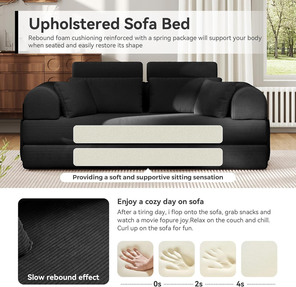 Upgraded 79' High Backrest Sofa Bed with Fixed Frame, Corduroy Fabric Convertible Couch for Small Spaces, Removable Armrests & Backrest, No Assembly Required (Black)