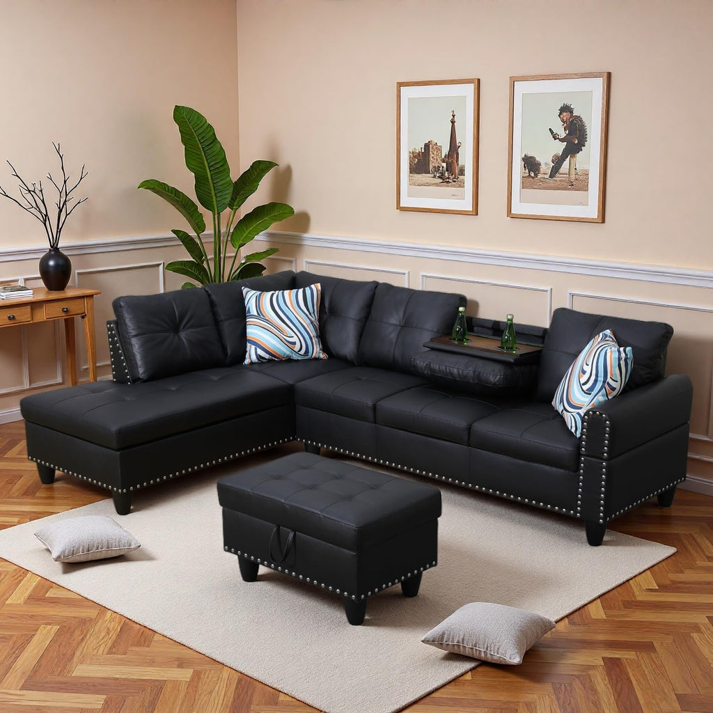 Leather Sectional Sofa with Movable Chaise & Storage Ottoman, 3-Piece Modular Convertible L-Shaped Couches for Living Room, Apartment & Office, Black